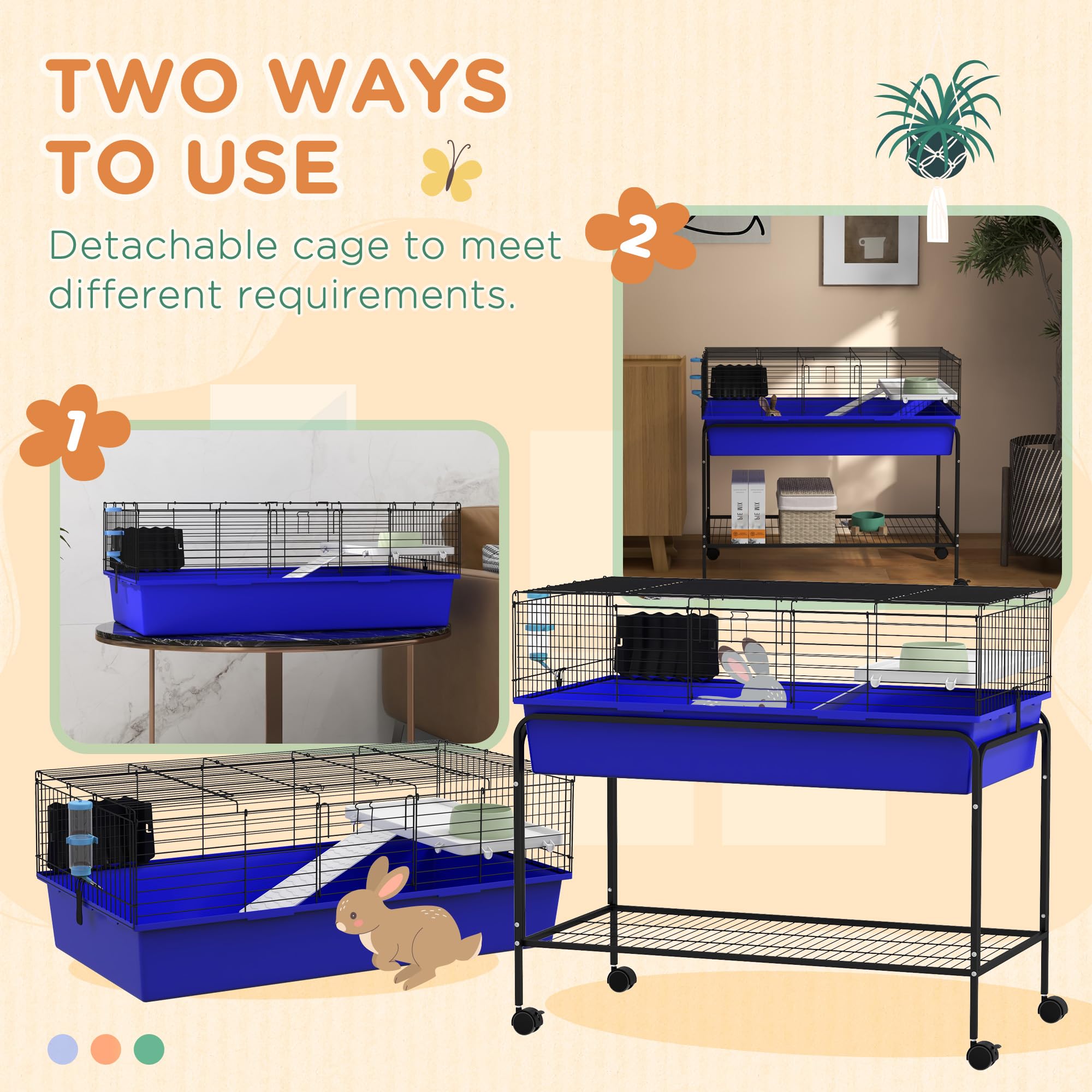 PawHut Two-Story Small Animal Cage Removable From Stand, Guinea Pig, Hedgehog, Chinchilla, Ferret Habitat With Shelf & Wheels, 3