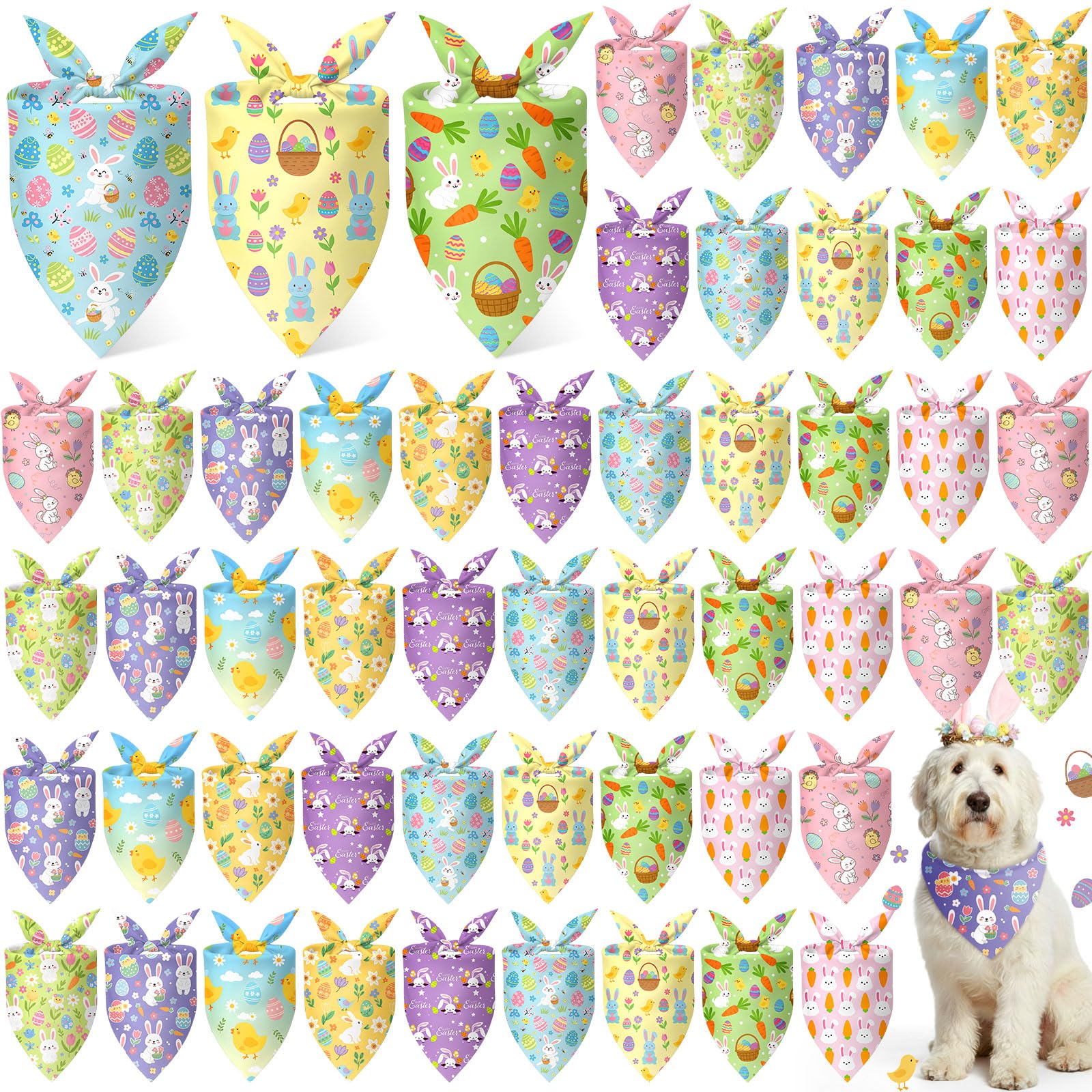 Weewooday 50 Pcs Easter Dog Bandanas Bulk with Bunny Rabbit Egg Carrot Pattern Soft Bibs Adjustable Triangle Pet Scarf Bowtie fo