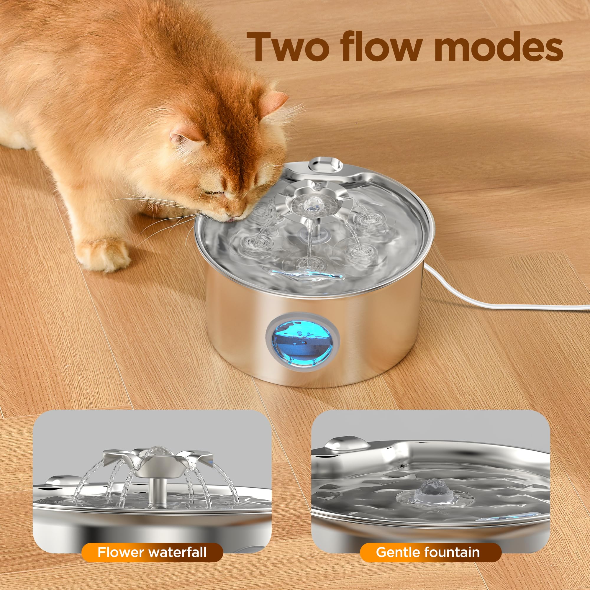 Stainless Steel Cat Water Fountain: 88oz/2.6L Ultra Quiet Pet Fountain with Flower Kitty Spout & LED Blue Light Water Dispenser