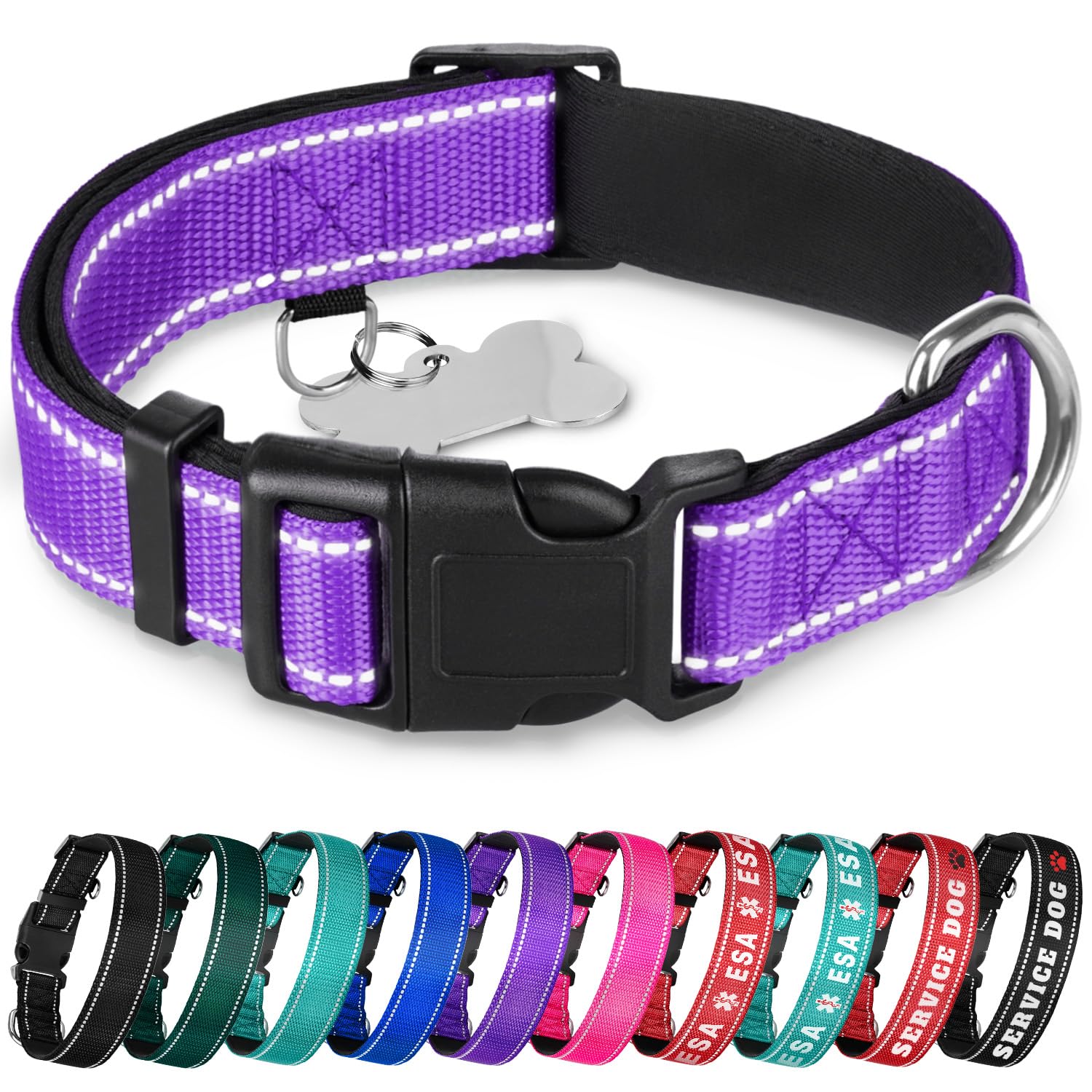 Teceum Reflective Pet Collar - Purple - M - Extra Soft Padding - Basic Nylon Dog Collar - Quick Release Buckle - Fits Small, Med