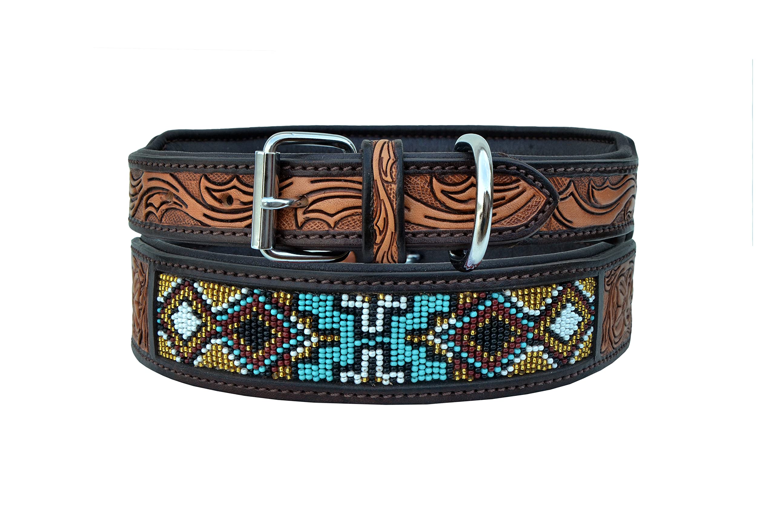 Affilare Western Style Genuine Leather Beaded Dog Collar Hand Tooled And Padded 10Ab018