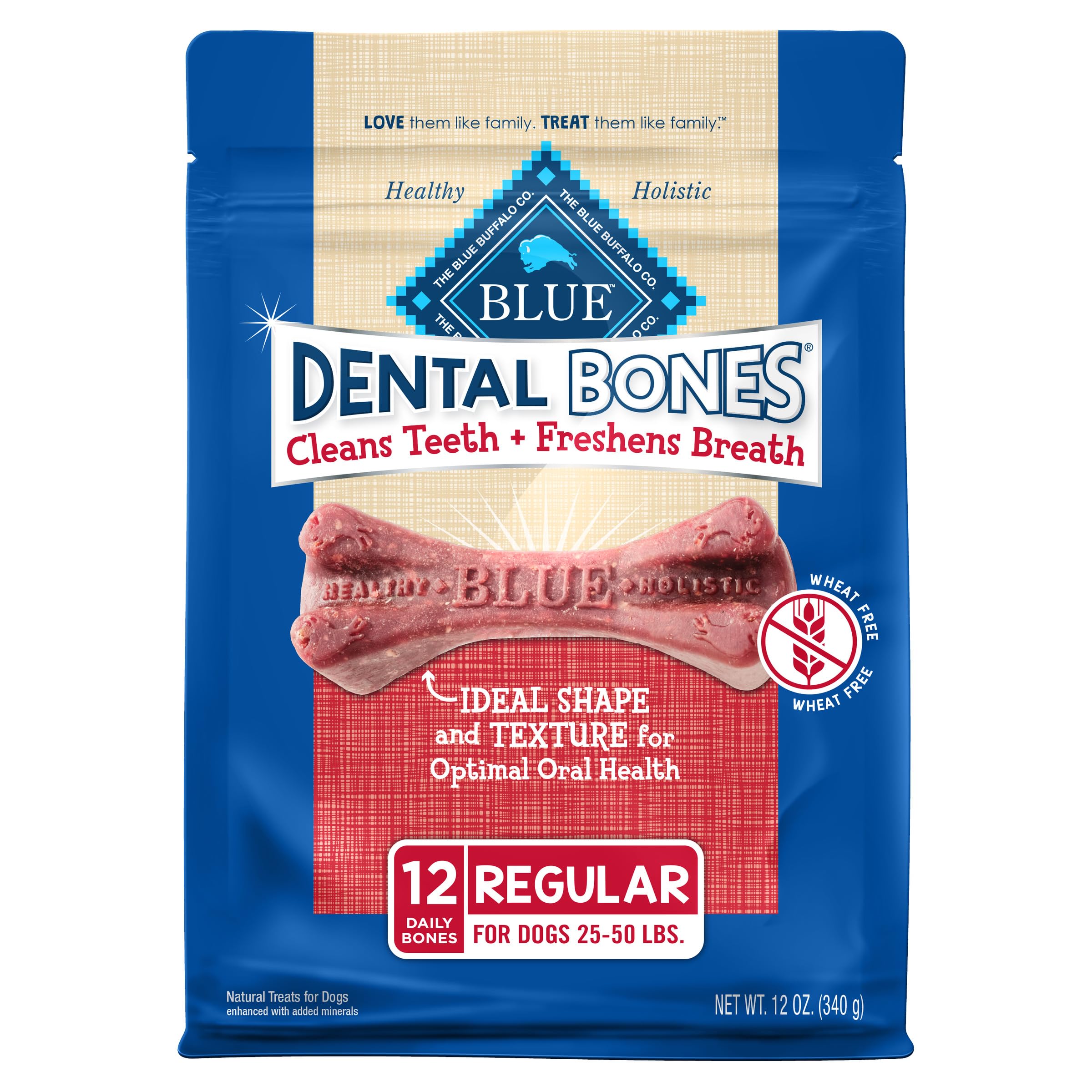 Blue Buffalo Dental Bones Regular Natural Dental Chew Dog Treats, (25-50 lbs) 12-oz Bag