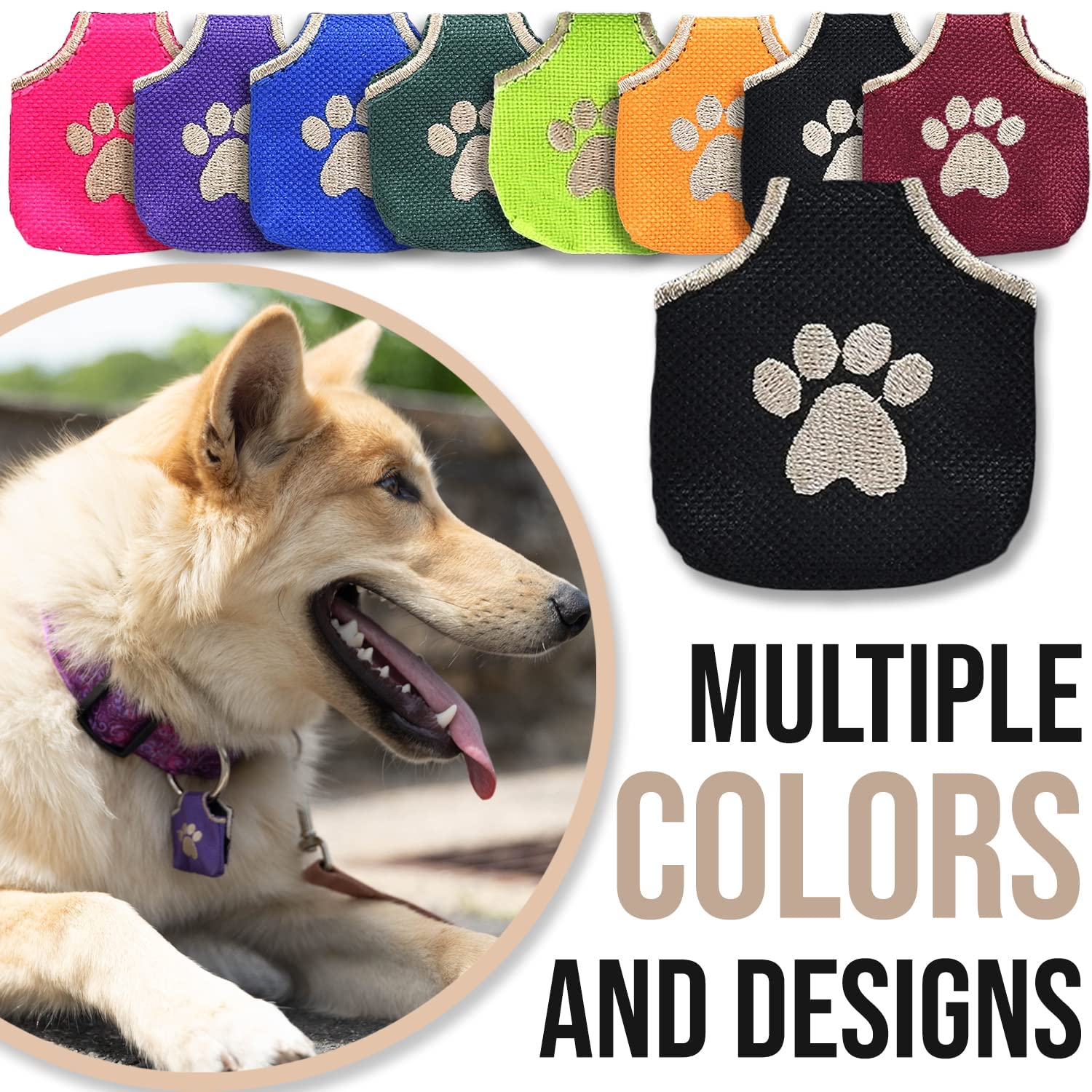 Woofhoof Dog Tag Silencer, Black Pawprint - Quiet Noisy Pet Tags - Fits Up to Four Pet IDs - Dog Tag Cover Protects Metal Pet ID