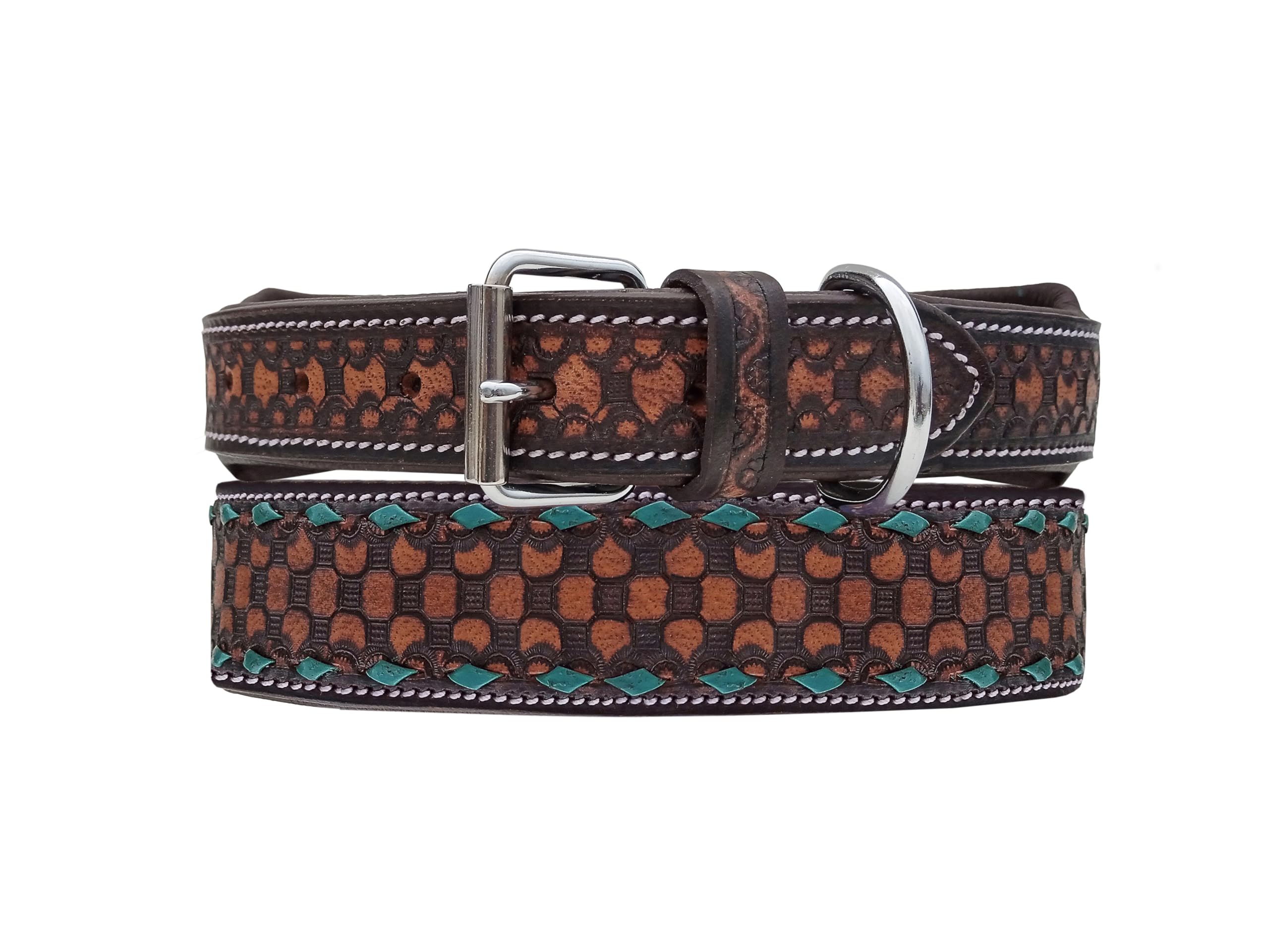 Leather Dog Collar Large Size Western Style Heavy Duty Hand Tooled Adjustable Padded Soft For Small Puppies And Big Dogs 10Ab147