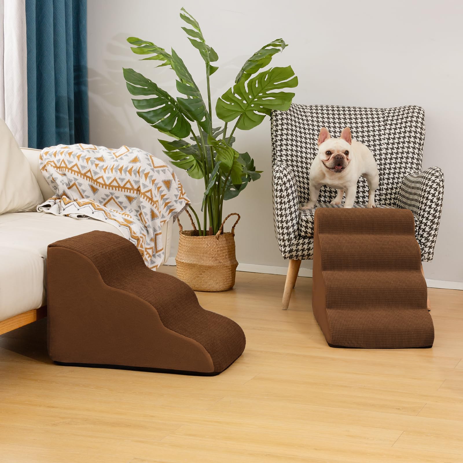 Aodisman 4-Step Dog Stairs and Ramp for Beds or Couches - Non-Slip Sturdy Pet Steps for Small Dogs and Cats,17.4 H,Brown