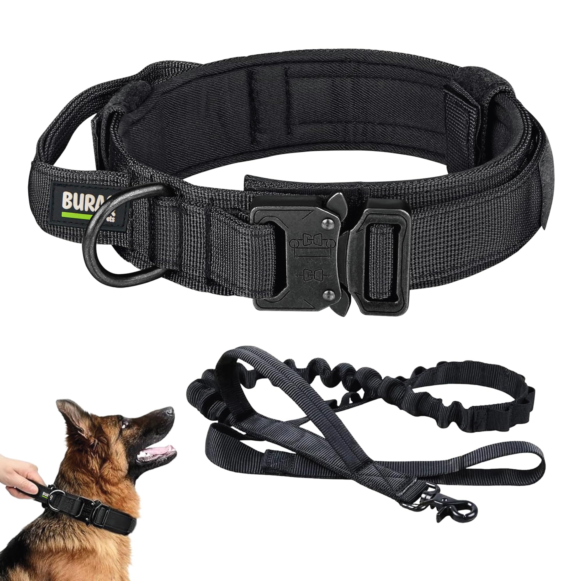 Buraq Pets Tactical Dog Collar Leash Set Adjustable Heavy Duty L