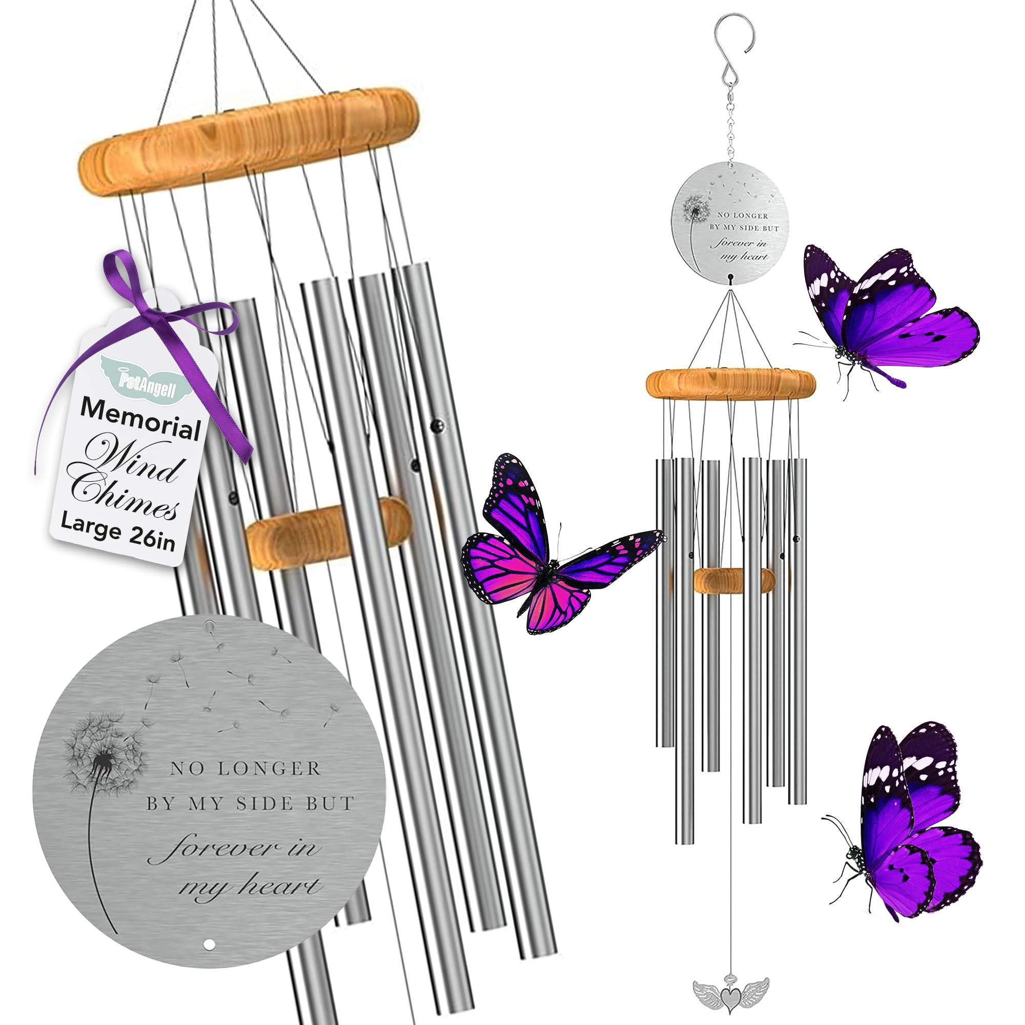 Sympathy Memorial Wind Chimes for Loss of Loved One - Large 26 Silver Bereavement Gift for Outdoors, in Memory of Mother, Father