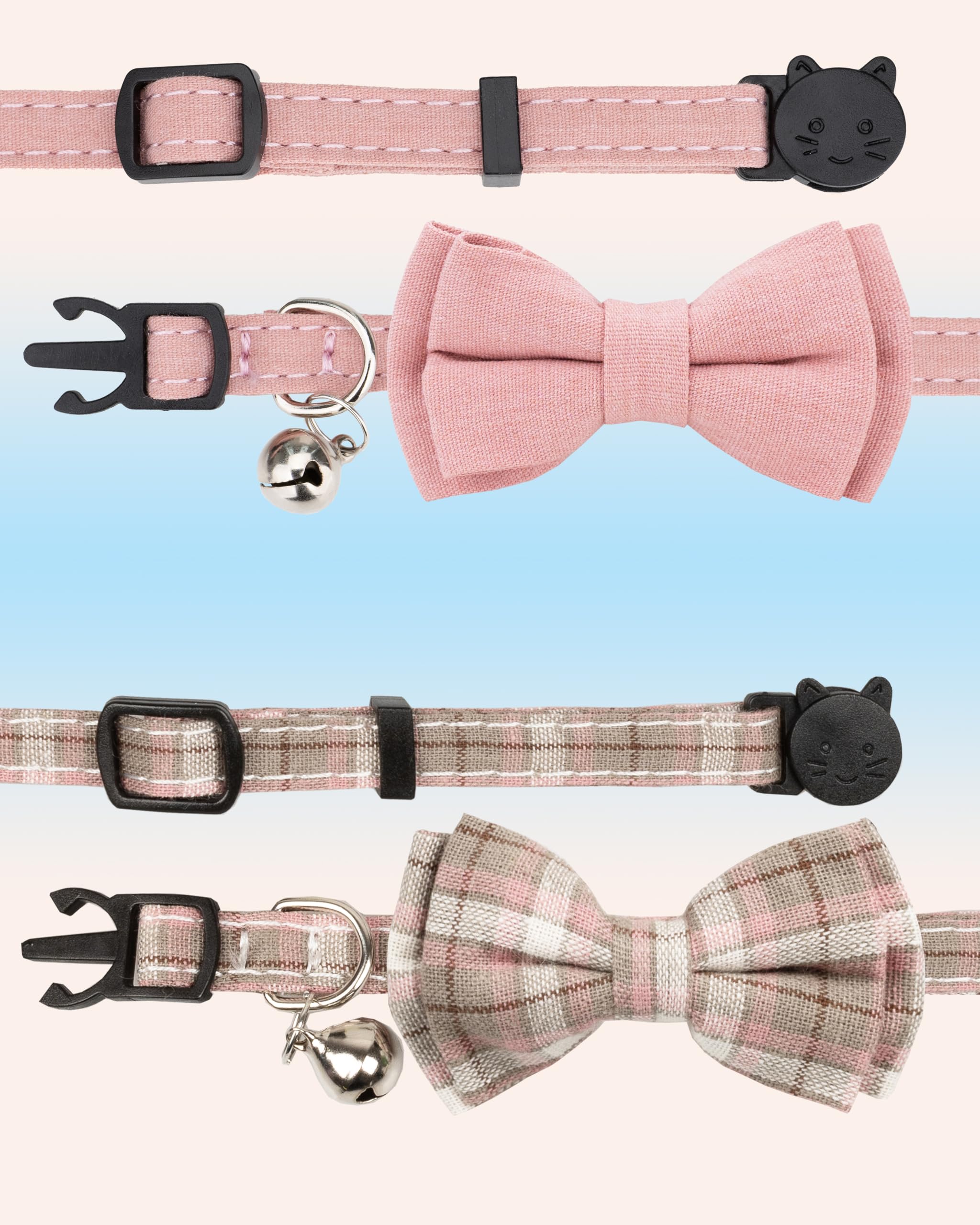 Gyapet Cat Collar Breakaway Bowtie Safety With Bell Adjustbale Kitten Puppy Solid Plaid Color Set D-[2Pcs] Pink-2