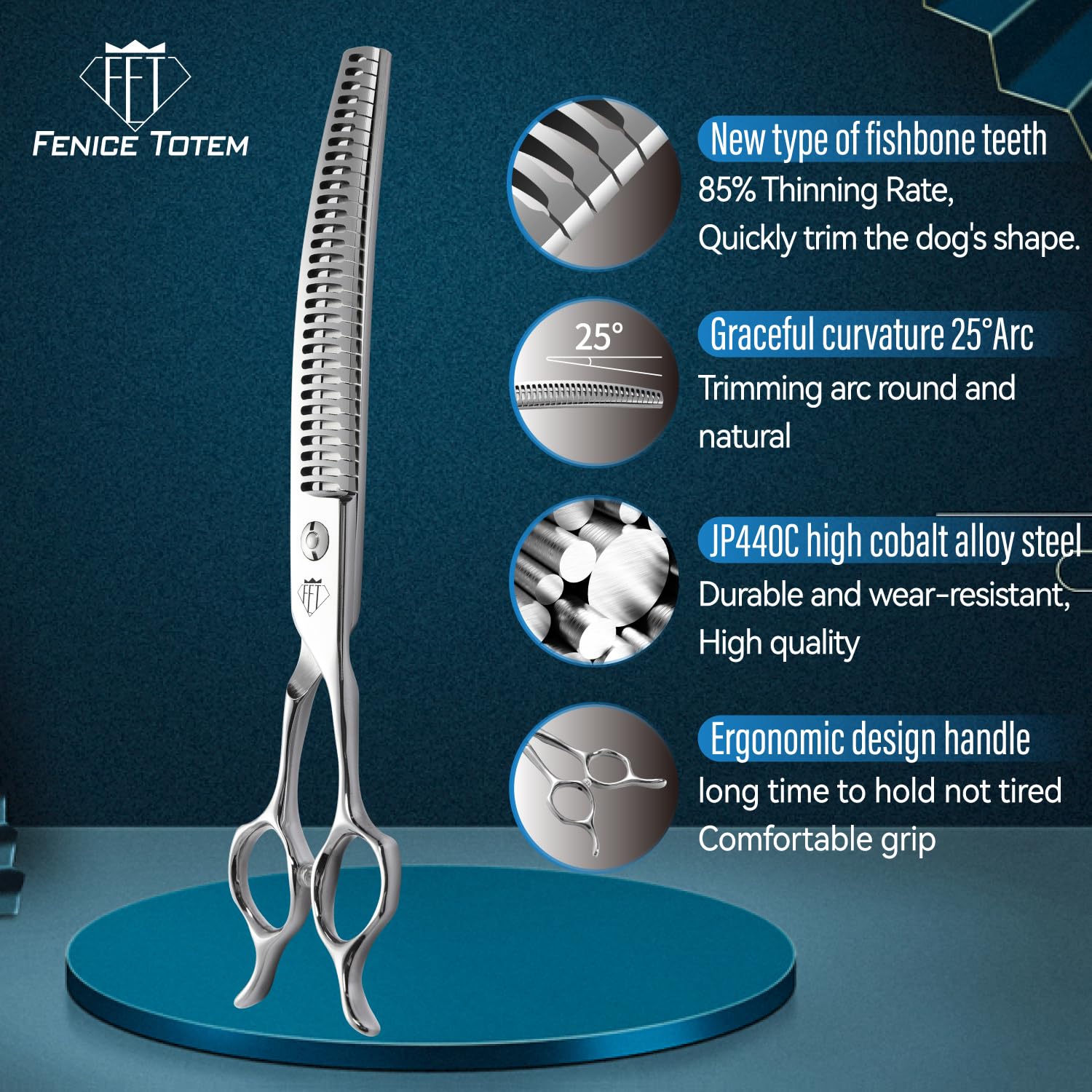 Fenice Totem Professional Dog Grooming Scissors, 85% Thinning Rate, 25 Curved Blade, Jp440C Steel, 7.0 Ergonomic Handle