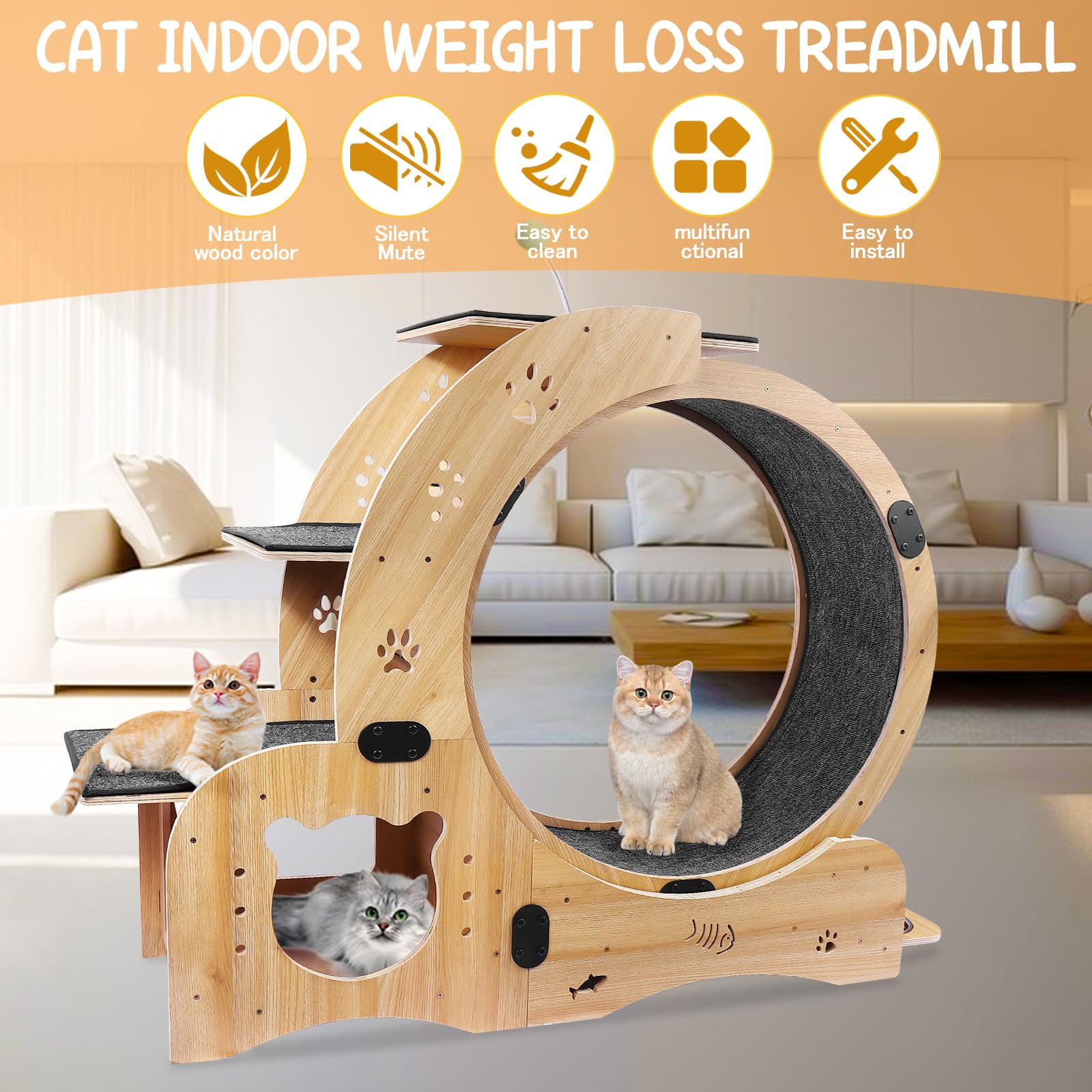 Upgraded Cat Wheel Exerciser For Indoor,Large Cats Treadmill,Cats Running Wheel With Silent Wheels,Loss Weight Device (Wood)
