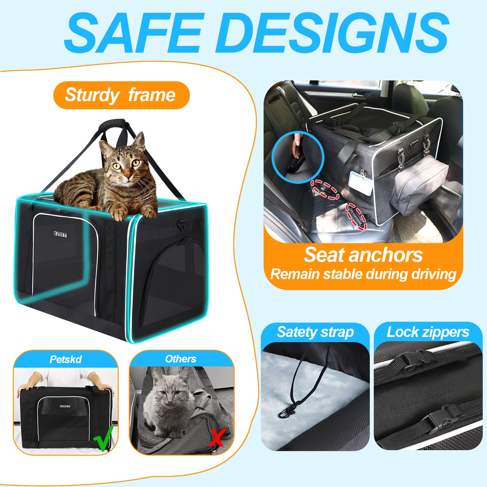 Petskd Extra Large Cat Carrier With Litter Box 24'X17'X17' For Medium Large Cat Or 2 Small Cats, Collapsible Soft Sided Pet Carrier For Car Travel With Lockable Safety Zippers(Black)