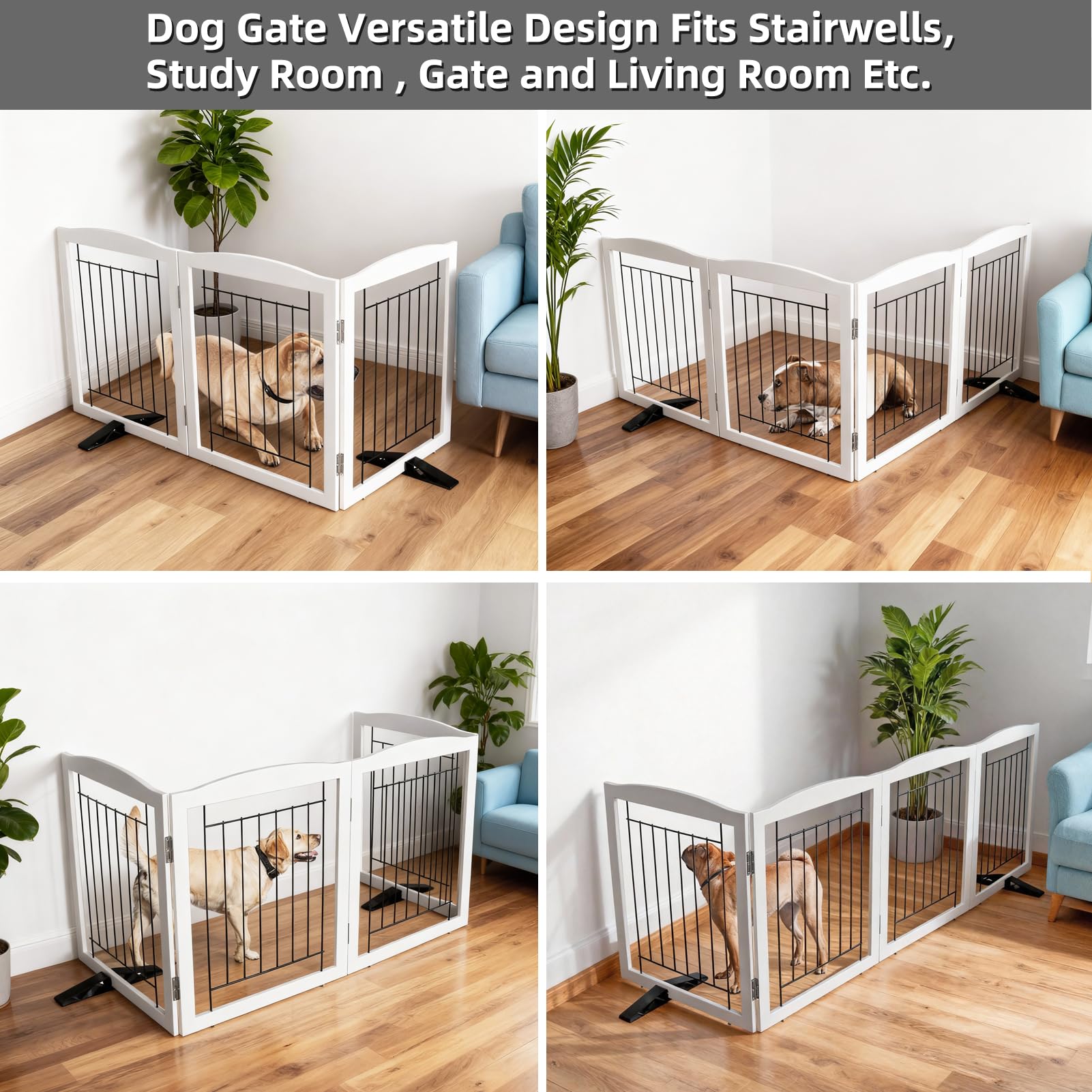 ZJSF Freestanding Dog Fence Indoor, Foldable Dog Gate for Doorways, Stairs or Hallways, Sturdy Wood Extra Wide Pet Gate with Sup
