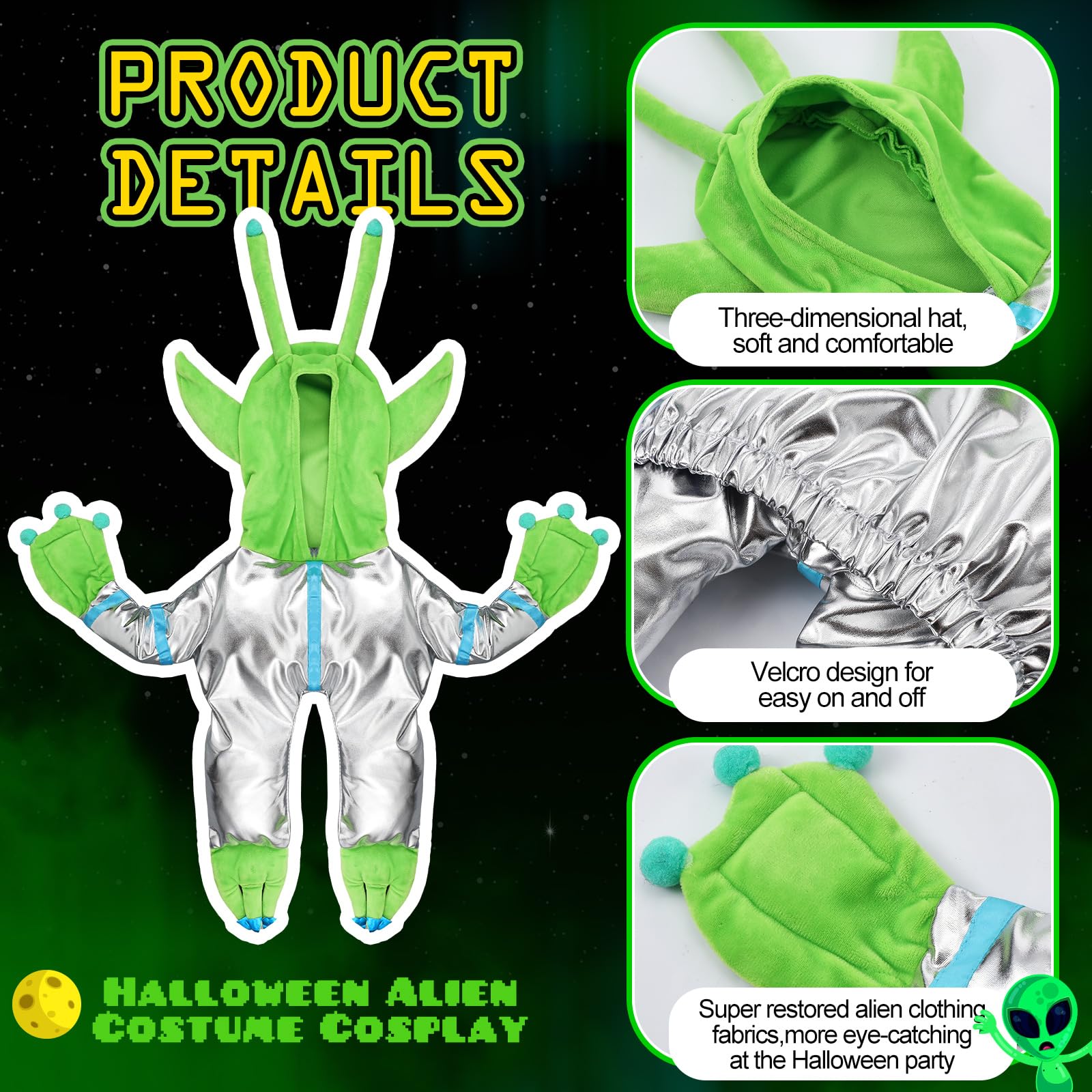 Huhumy Green Alien Costume for Small Dog, Medium Dog Halloween Astronaut Outfits Alien Pet Costume Cute Hooded with Reflective O