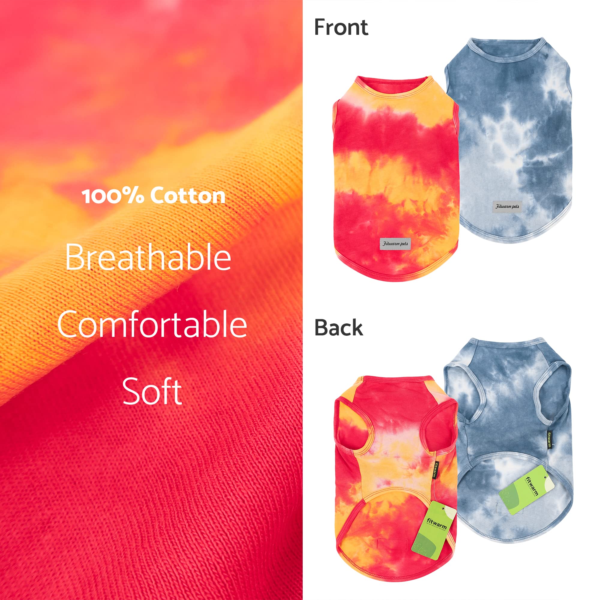 Fitwarm 2-Pack Dog Shirt, Tie Dye Dog Clothes For Small Dogs, Cotton Sleeveless Vest T-Shirt, Cat Apparel, Yellow Blue, Medium