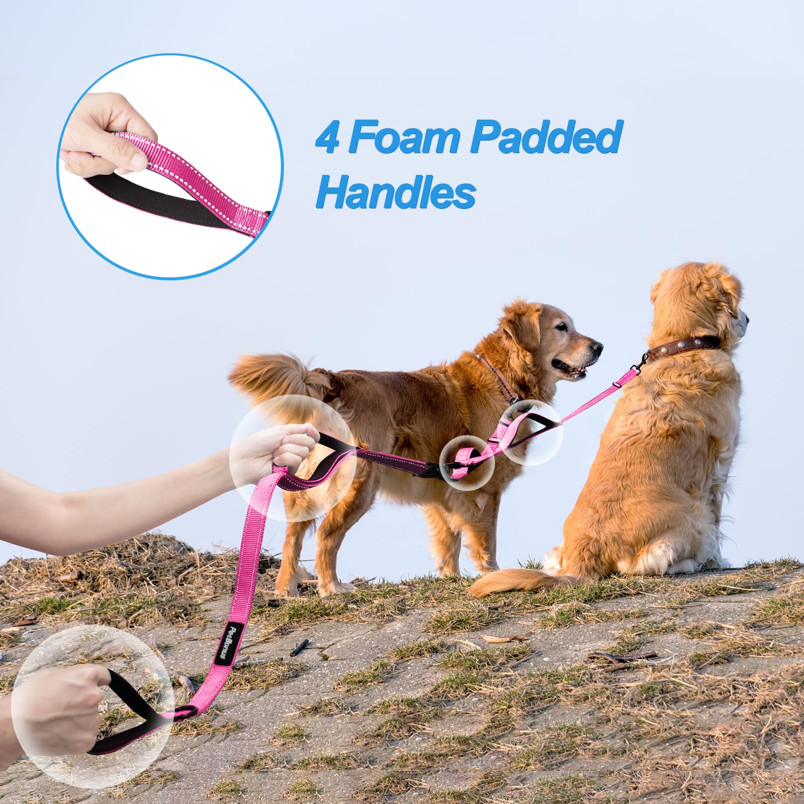 Petbonus Double Dog Leash, No Tangle Dual Dog Leash, Reflective Walking Training Leash, 4 Comfortable Padded Handles For 2 Dogs With Collapsible Bowl And Waste Bags Dispenser (Pink, Large)