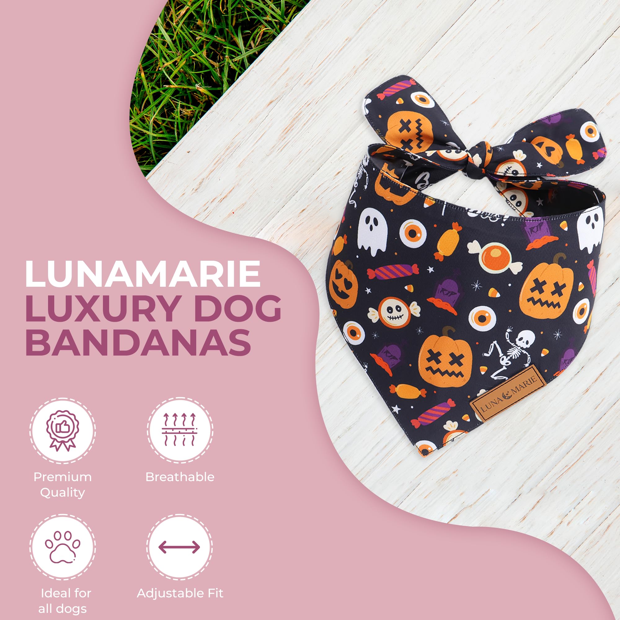 Lunamarie - Luxury Cat And Dog Bandanas - Halloween Designs | Premium Silky Poly Fabric | 100% Handmade Custom Shape Dual Layered Small, Medium, Large Cat Scarf (Trick-Or-Treat, Large)