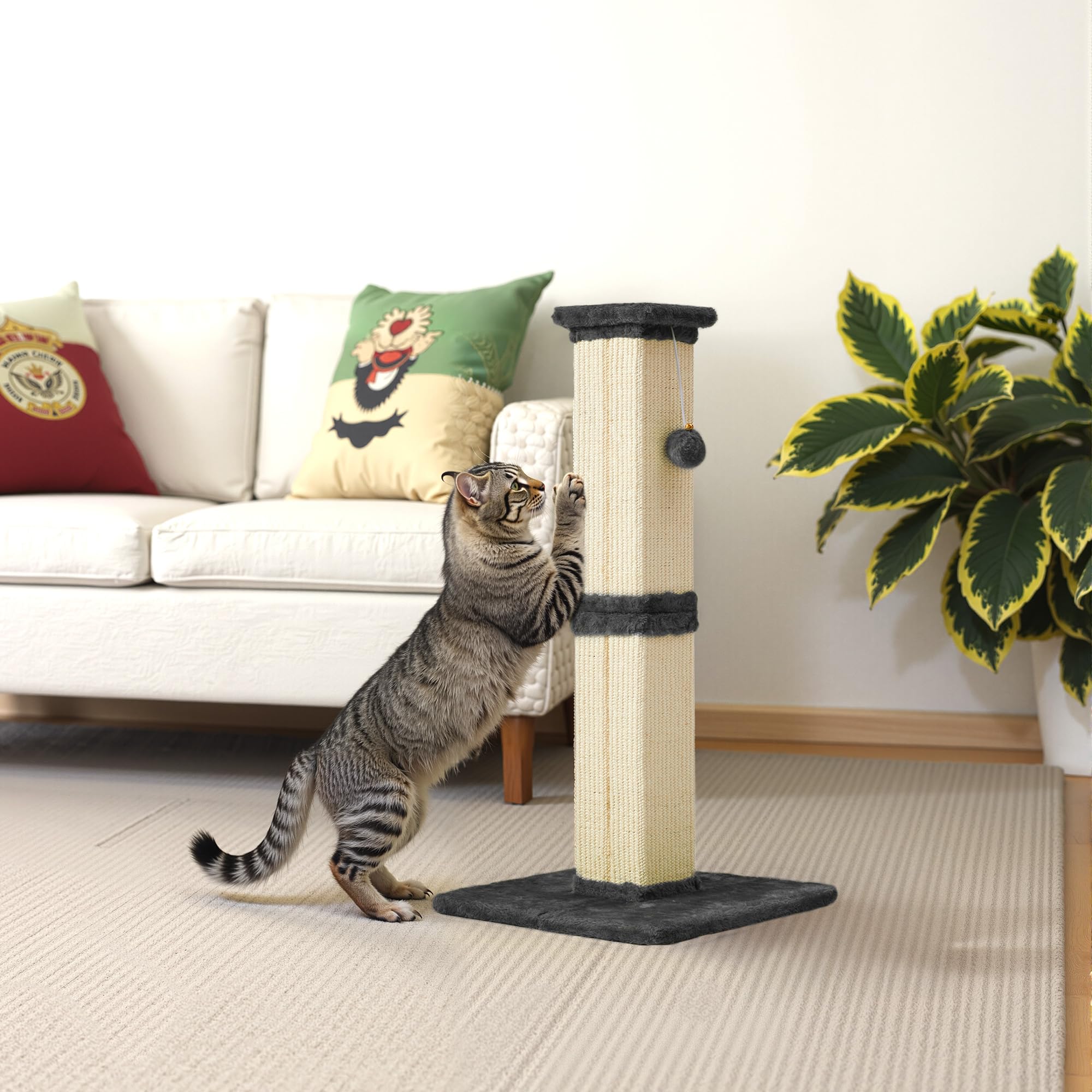 Fansafurn Cat Scratching Post with Hanging Toy Ball, 32-Inch Tall Sisal Cat Scratcher for Indoor Cats, Grey