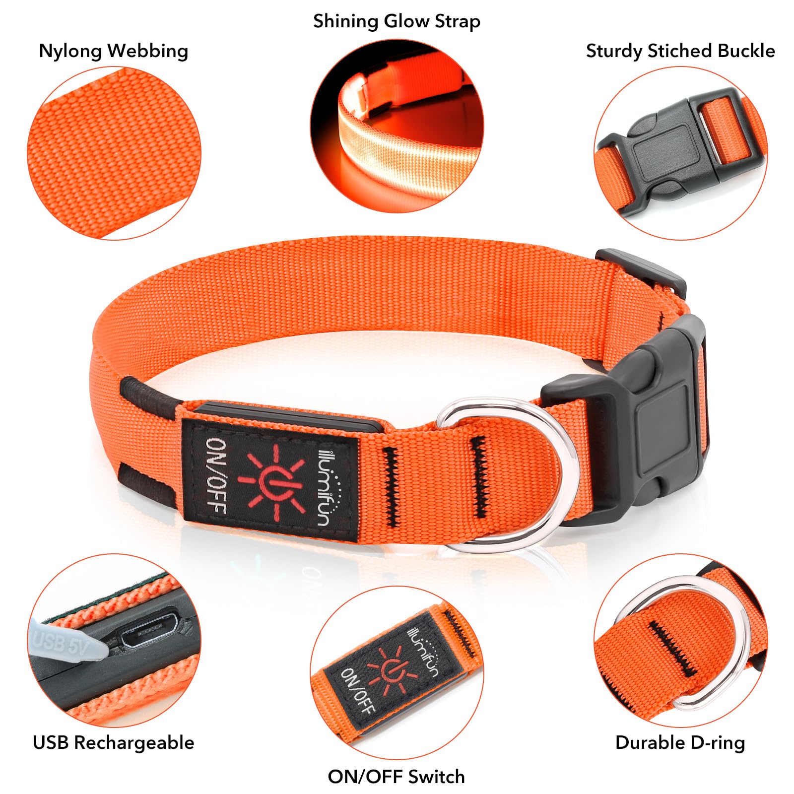 Illumifun Led Dog Collar, Adjustable Glowing Pet Safety Collar, Usb Rechargeable Light Up Collars For Your Dogs Walking At Night (Orange, Small)
