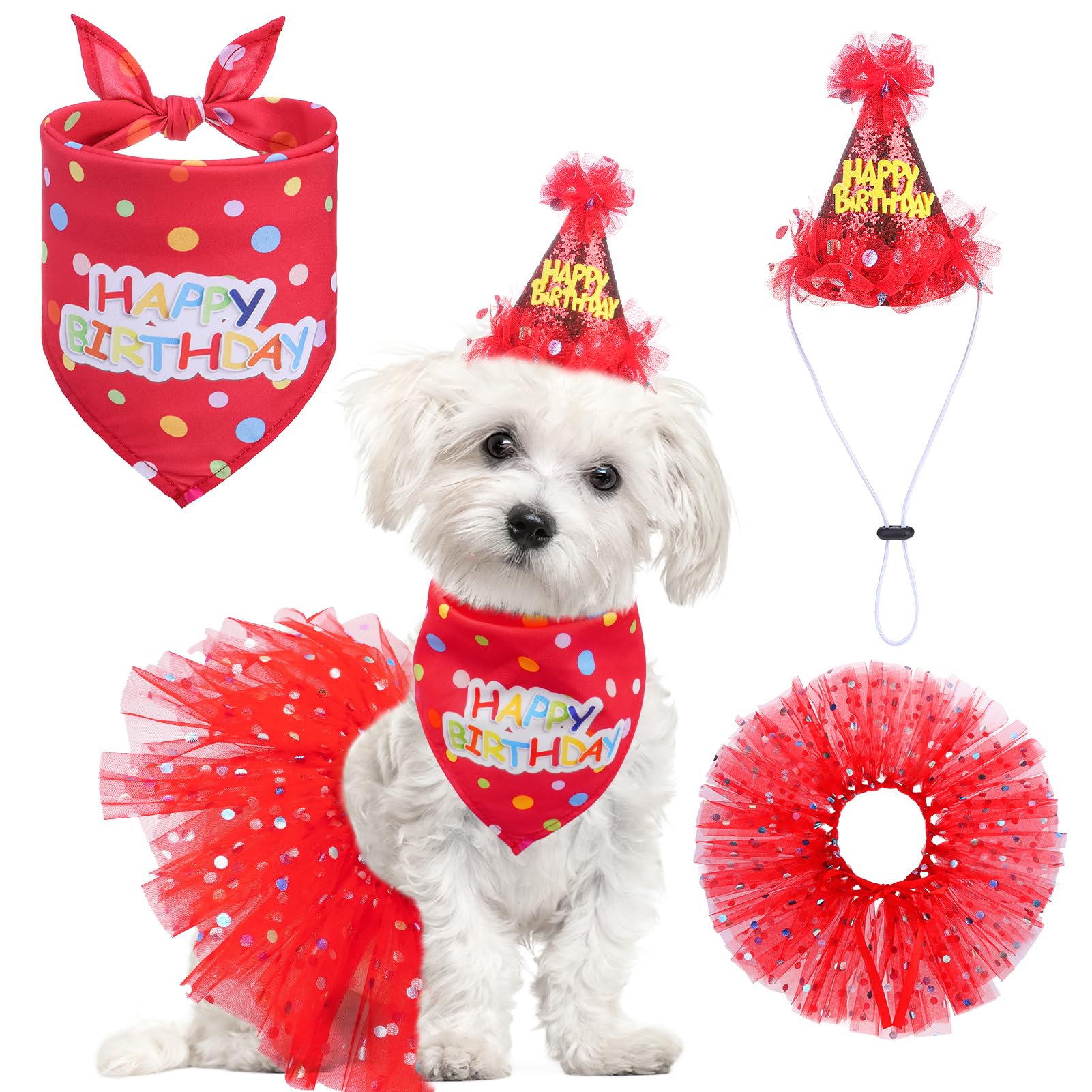 SCENEREAL Dog Birthday Bandana with Hat and Dress Girl Set, Puppy Birthday Party Supplies, Cute Tutu Skirt Red Outfit for Small 
