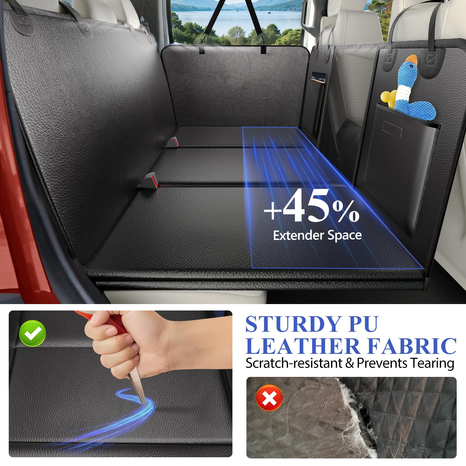 Rouwinne Back Seat Extender For Dogs Truck-Upgraded Pu Leather-Dog Pet Seat Cover Back Seat Hard Bottom 500Lbs, Anti-Scratch Dog