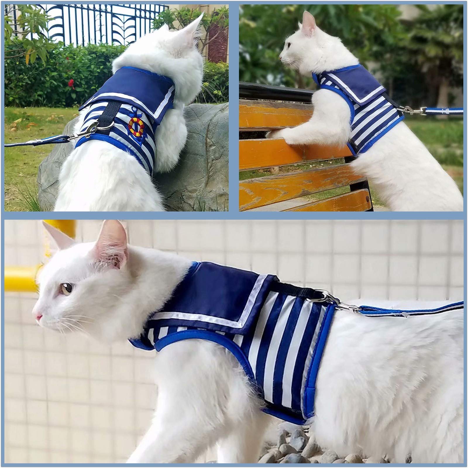 Yizhi Miaow Cat Harness And Leash For Walking Escape Proof, Adjustable Cat Vest Harness, Padded Stylish Cat Walking Jackets, Sailor Suit Navy, Large