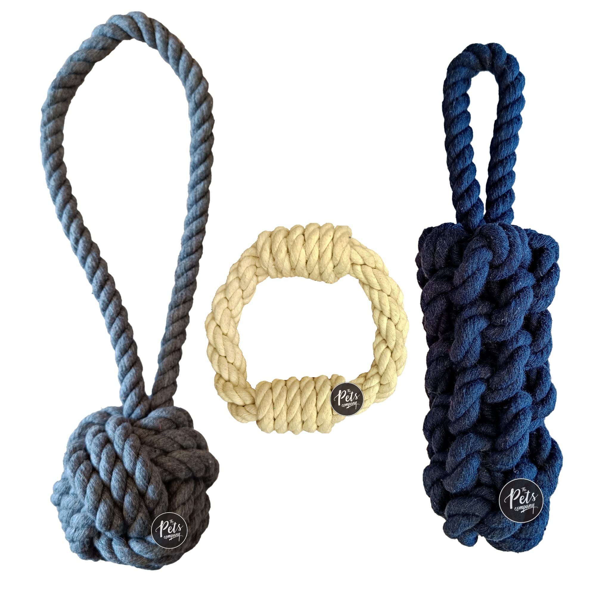 The Pets Company Dog Rope Toy For Adult Aggressive Chewers, Dental Cleaning (Natural Ball + Ring + Tug) Dog Toy Combo Of 3 For L