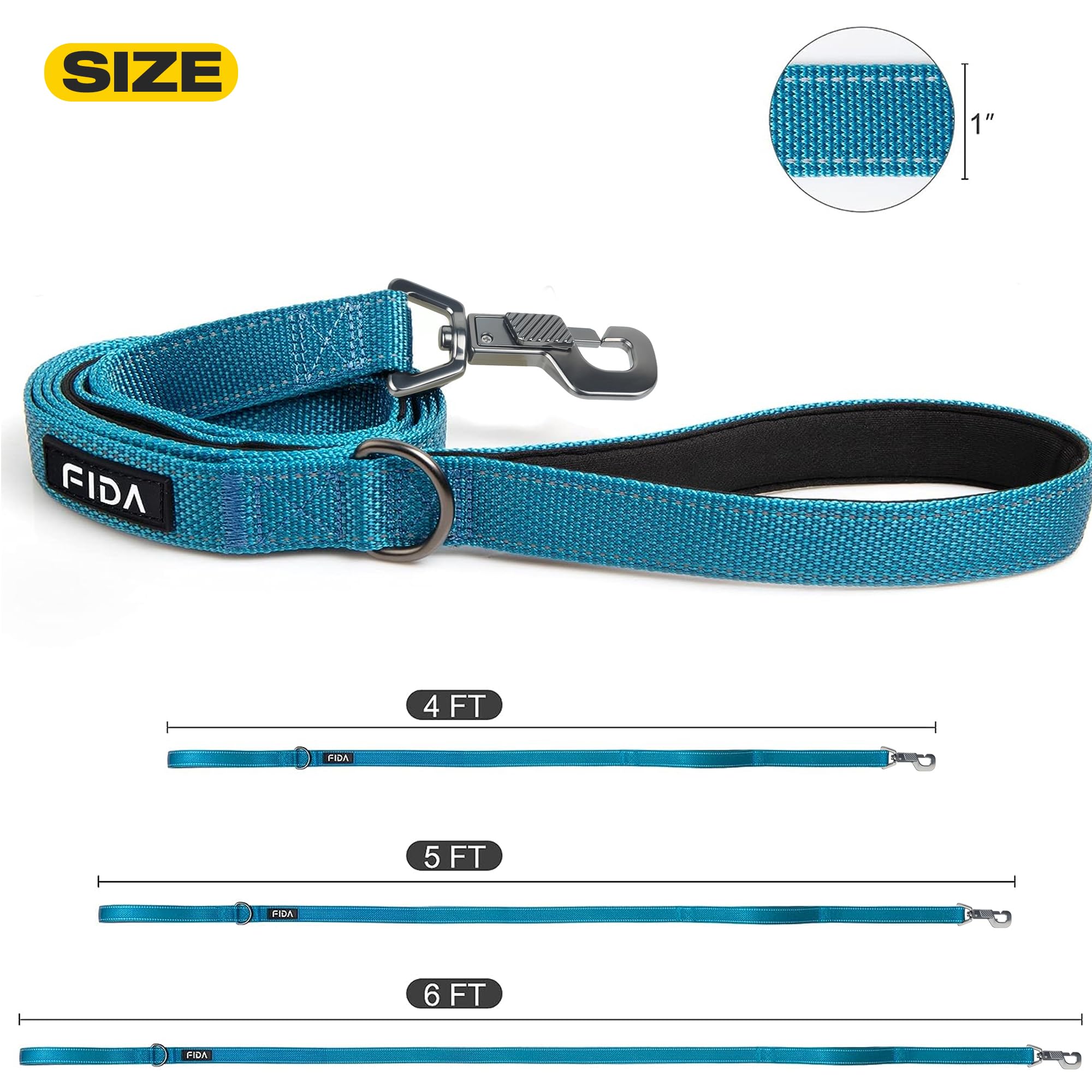 Fida 6 Ft Heavy Duty Dog Leash With 2 Comfortable Padded Handles, Traffic Handle & Advanced Easy Snap Hook, Reflective Walking Lead For Large, Medium & Small Breed Dogs, Blue