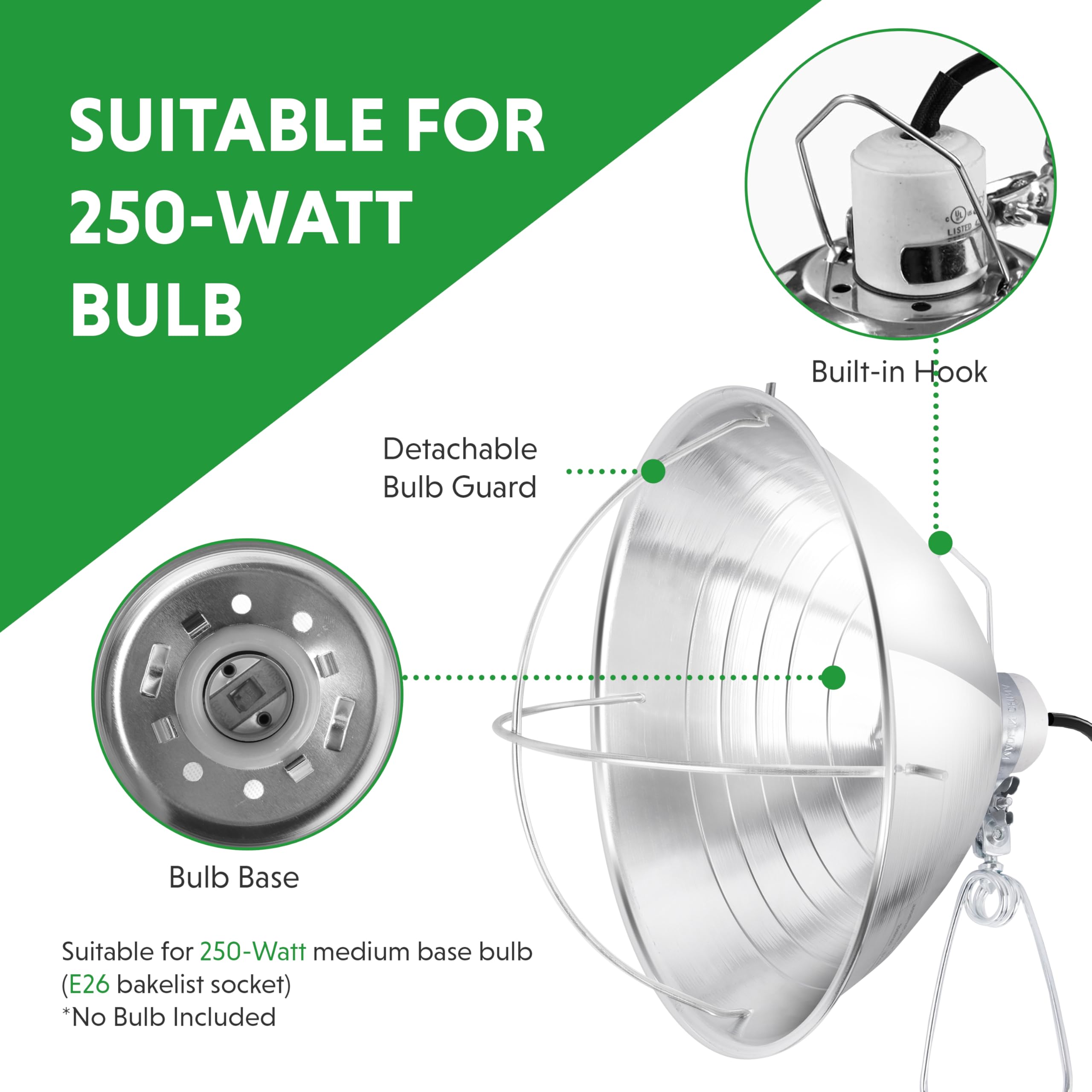 Simple Deluxe Clamp Lamp Light With 10.5 Inch Adjustable Aluminum Reflector And 6 Feet Cord, Up To 250W E26 Socket (No Bulb Incl