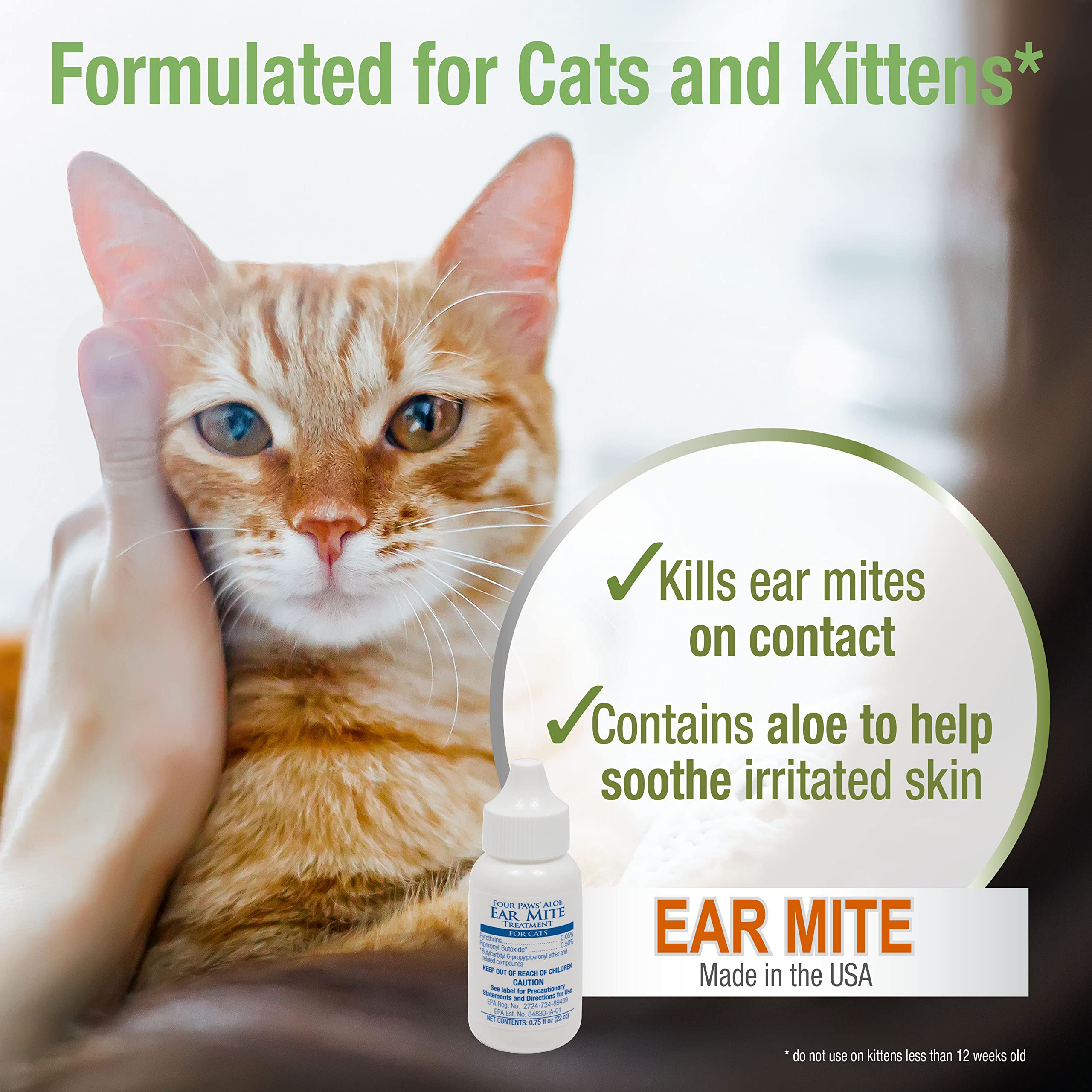 Four Paws Soothing Aloe Ear Mite Remedy for Cats, 0.75 Fl. Oz., Odor Reducing, Itch Relief, Model 100514900