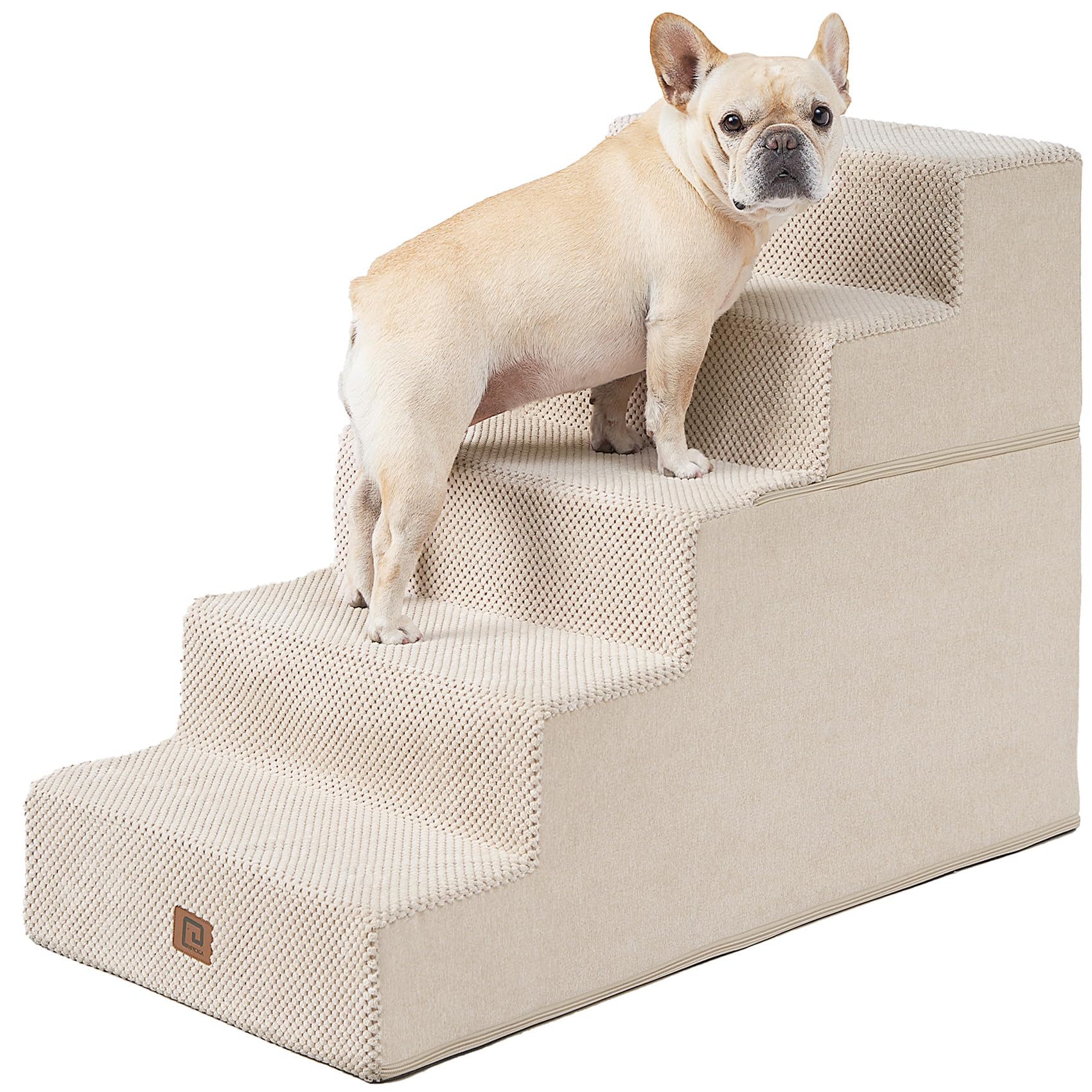 Eheyciga Dog Stairs For High Bed 25”H, 5-Step Extra Wide Dog Steps For Bed, Pet Steps For Small Dogs And Cats, Non-Slip Balanced Dog Indoor Ramp, Beige