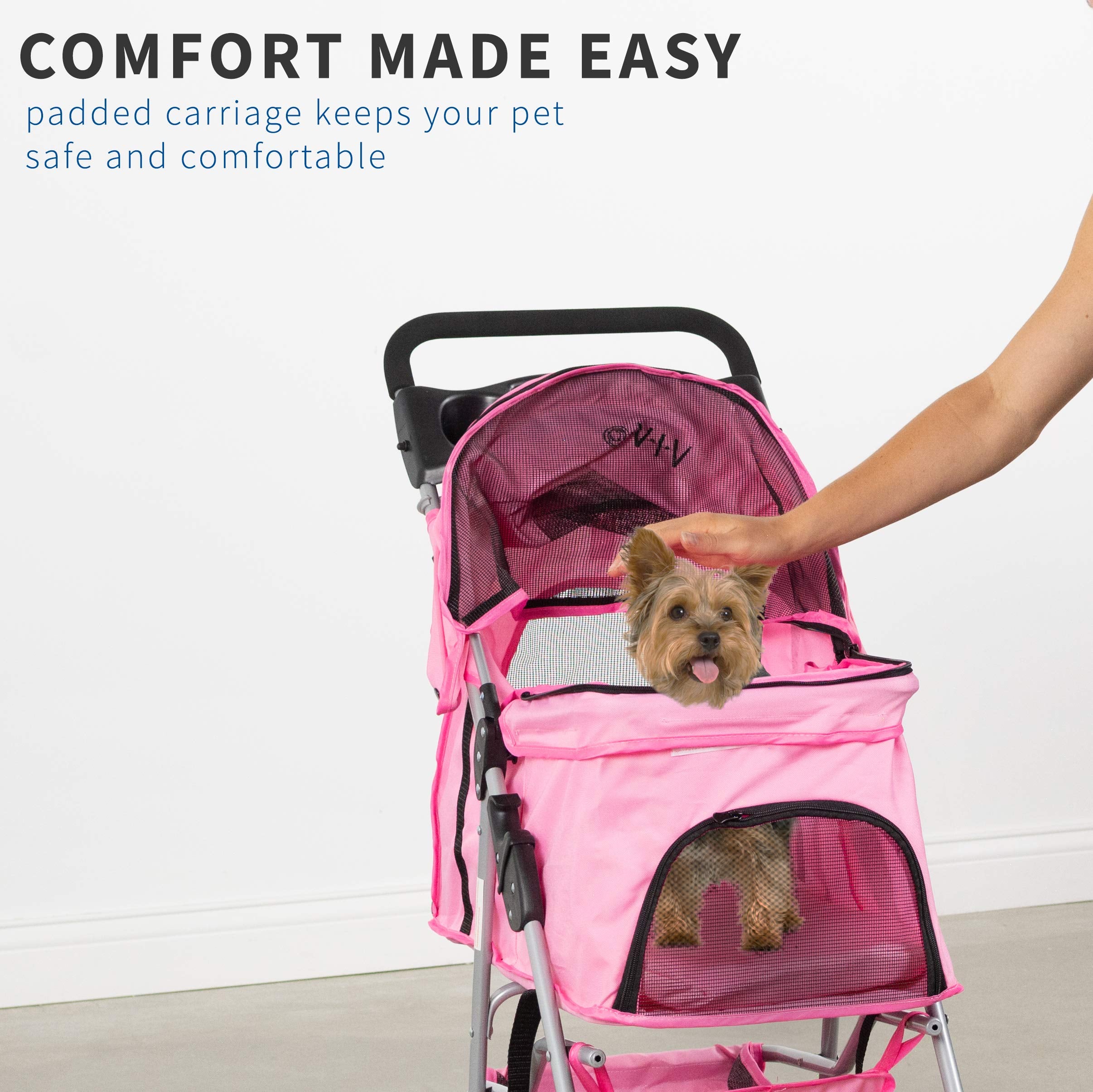 VIVO Pink 4 Wheel Pet Stroller for Cats & Dogs, Foldable Carrier, Model STROLR-V001K