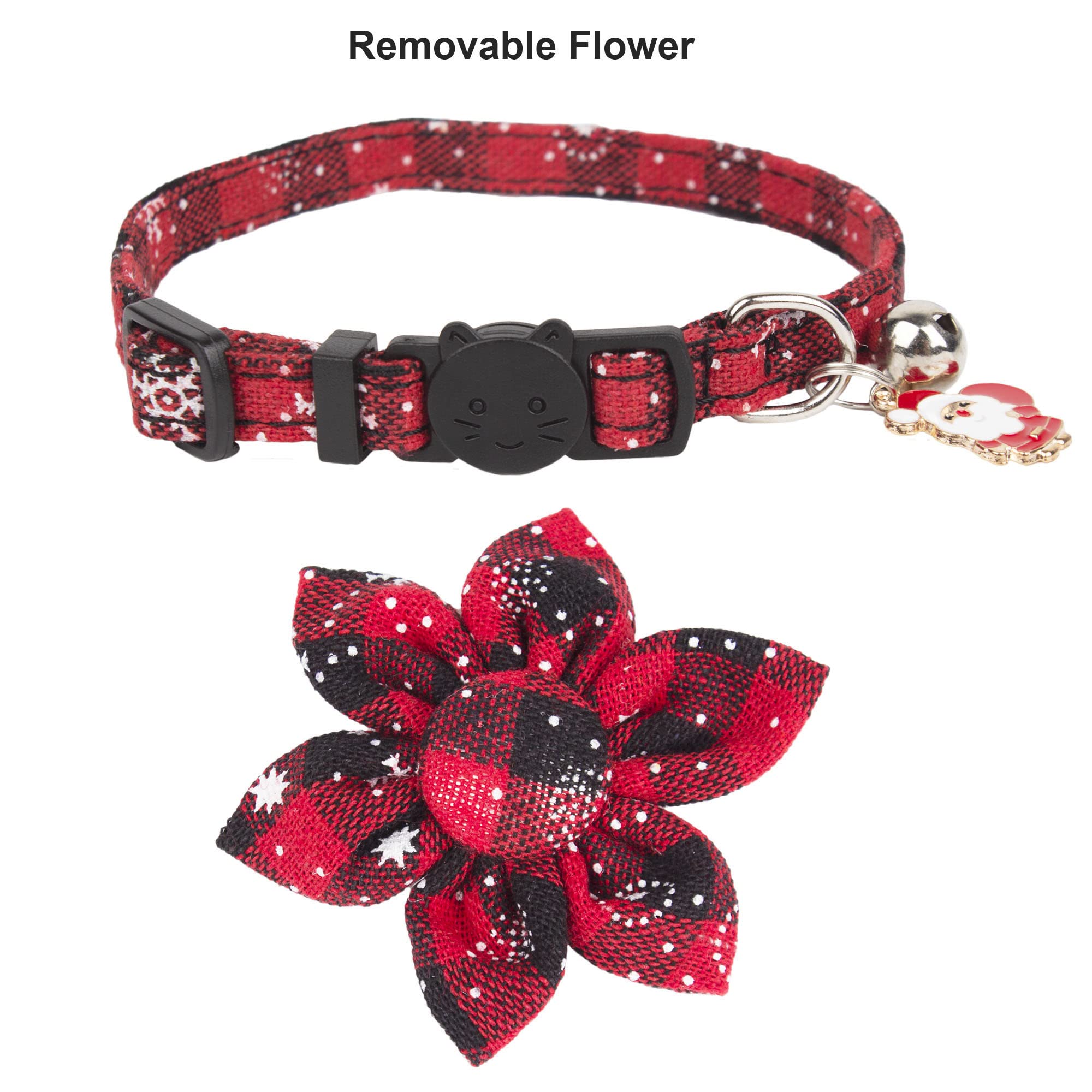 Adoggygo Christmas Cat Collars With Flower Bell, 2 Pack Breakaway Cat Christmas Collar With Removable Floral, Red Green Plaid Flower Collars For Cats (7.5'- 10.5', Floral)