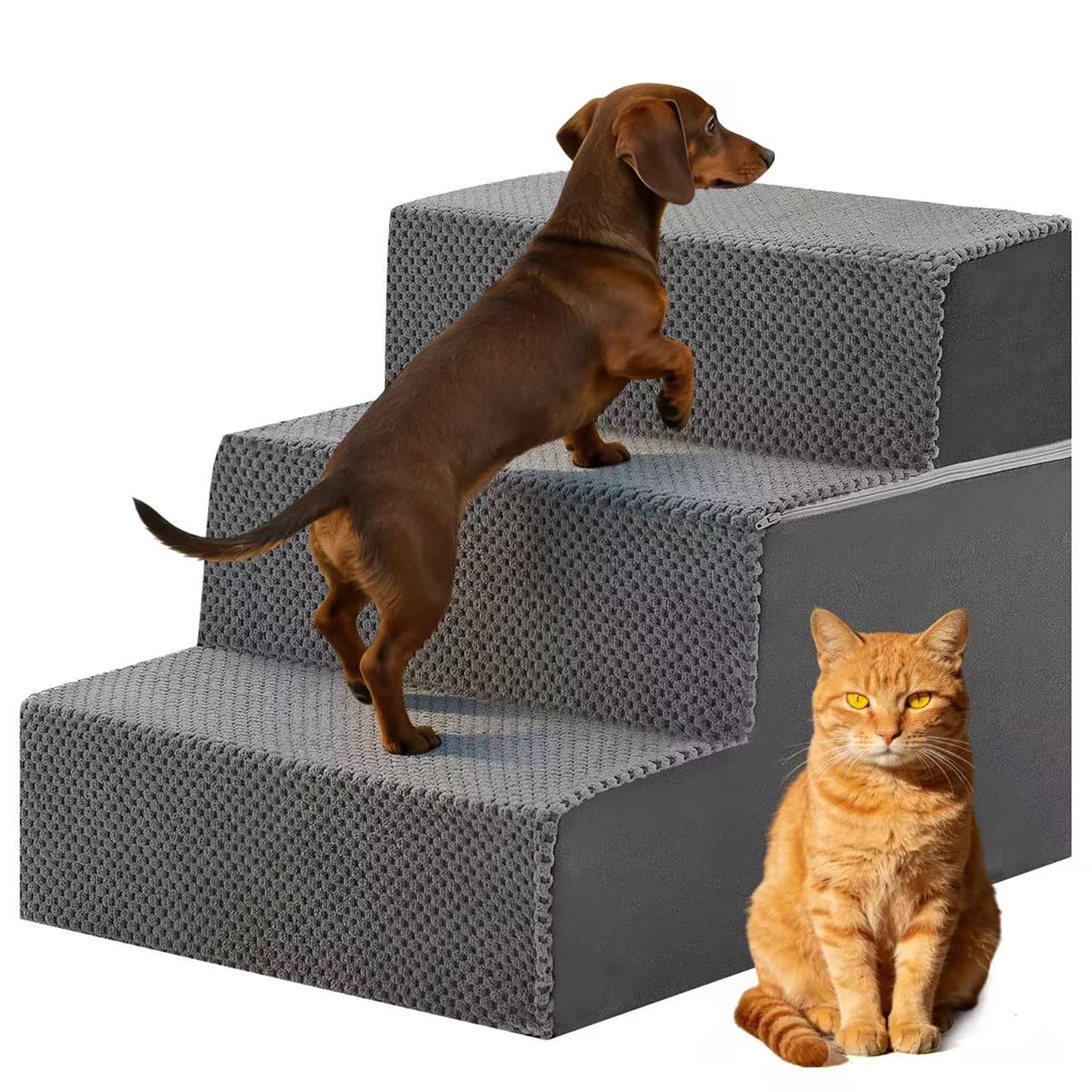 DUMOS Dog Stairs for Small Dogs, 3-Steps Non-Slip Balanced Indoor Foldable Dog Steps with Density Foam & Washable Cover, Cat Pup