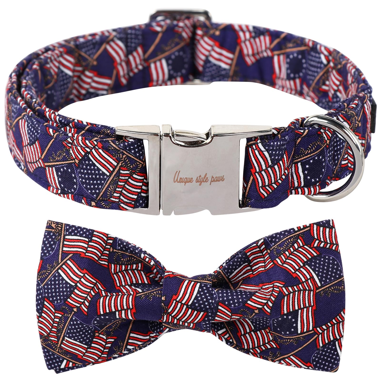 Patriotic Dog Collar With Bow, Unique Style Paws 4Th Of July Dog Collar, Independence Day Collars Adjustable American Flag Pet C