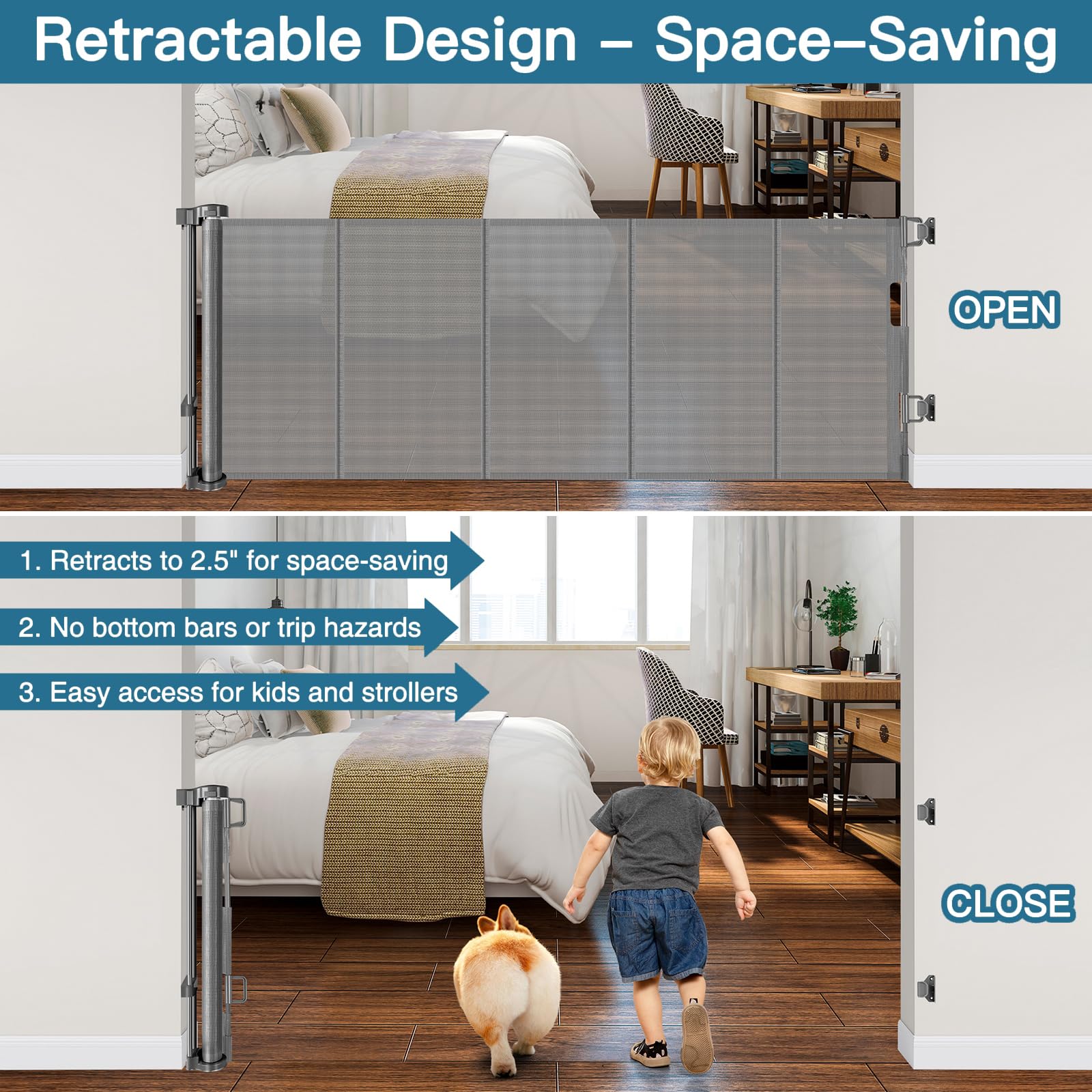 Stcockis 28" Tall Retractable Baby Gate - 80" Wide Mesh Dog Gate, Gray, Model XMF-X666666, Ideal for Stairs and Doorways