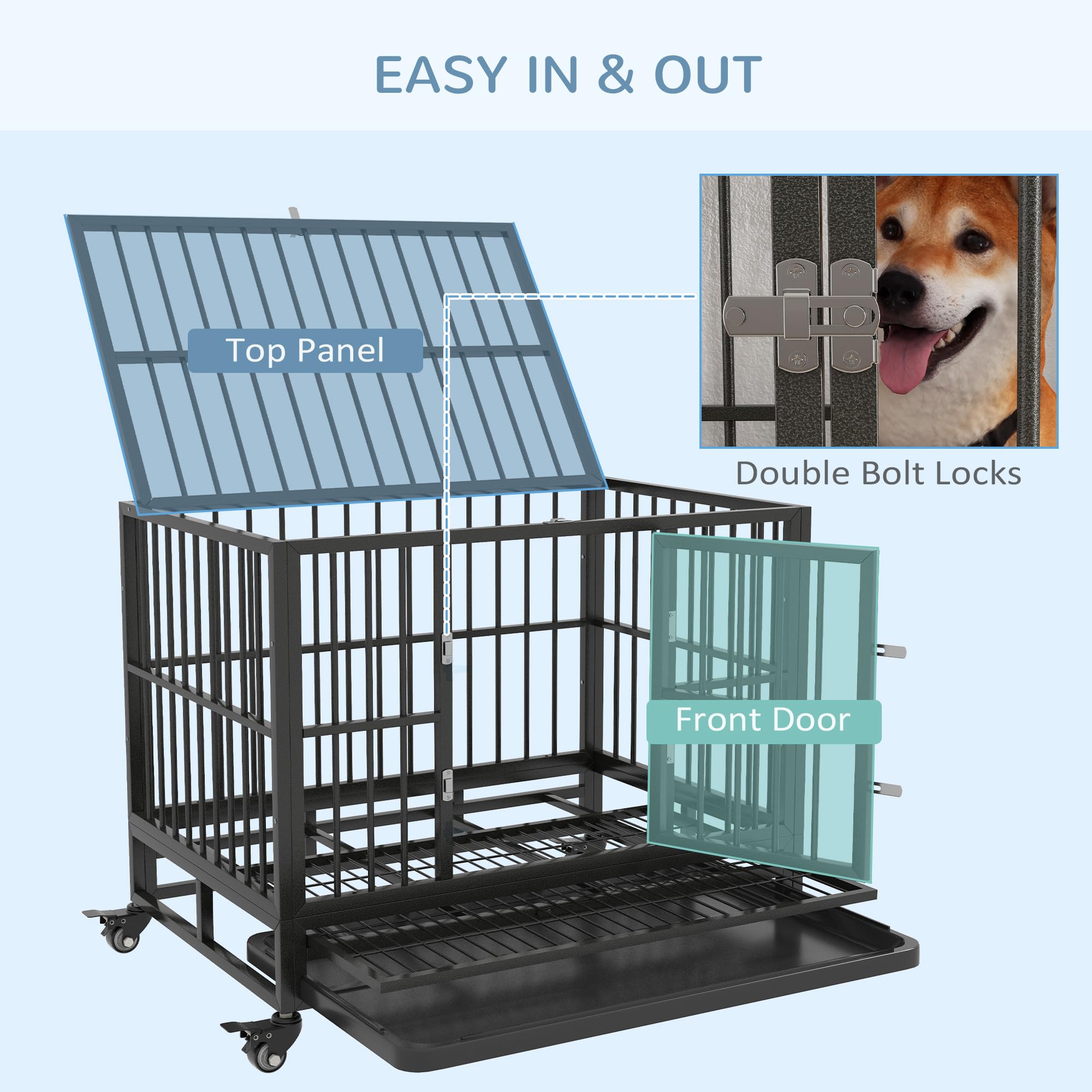 Pawhut 36' Heavy Duty Dog Crate Metal Cage Kennel With Lockable Wheels, Double Door And Removable Tray, Gray