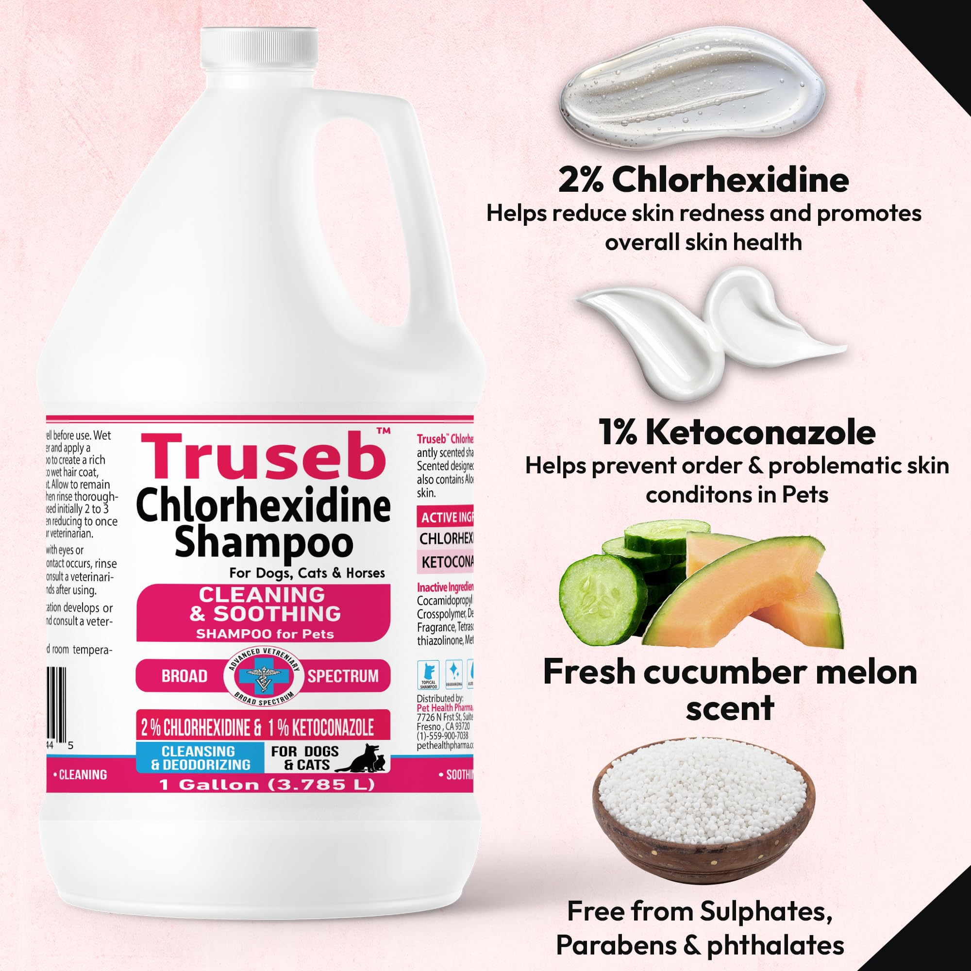 Pet Health Pharma Truseb Shampoo for Dogs, Cats & Horses - Ketoconazole & Chlorhexidine, 1 Gallon, Plastic, Cucumber Melon Scent