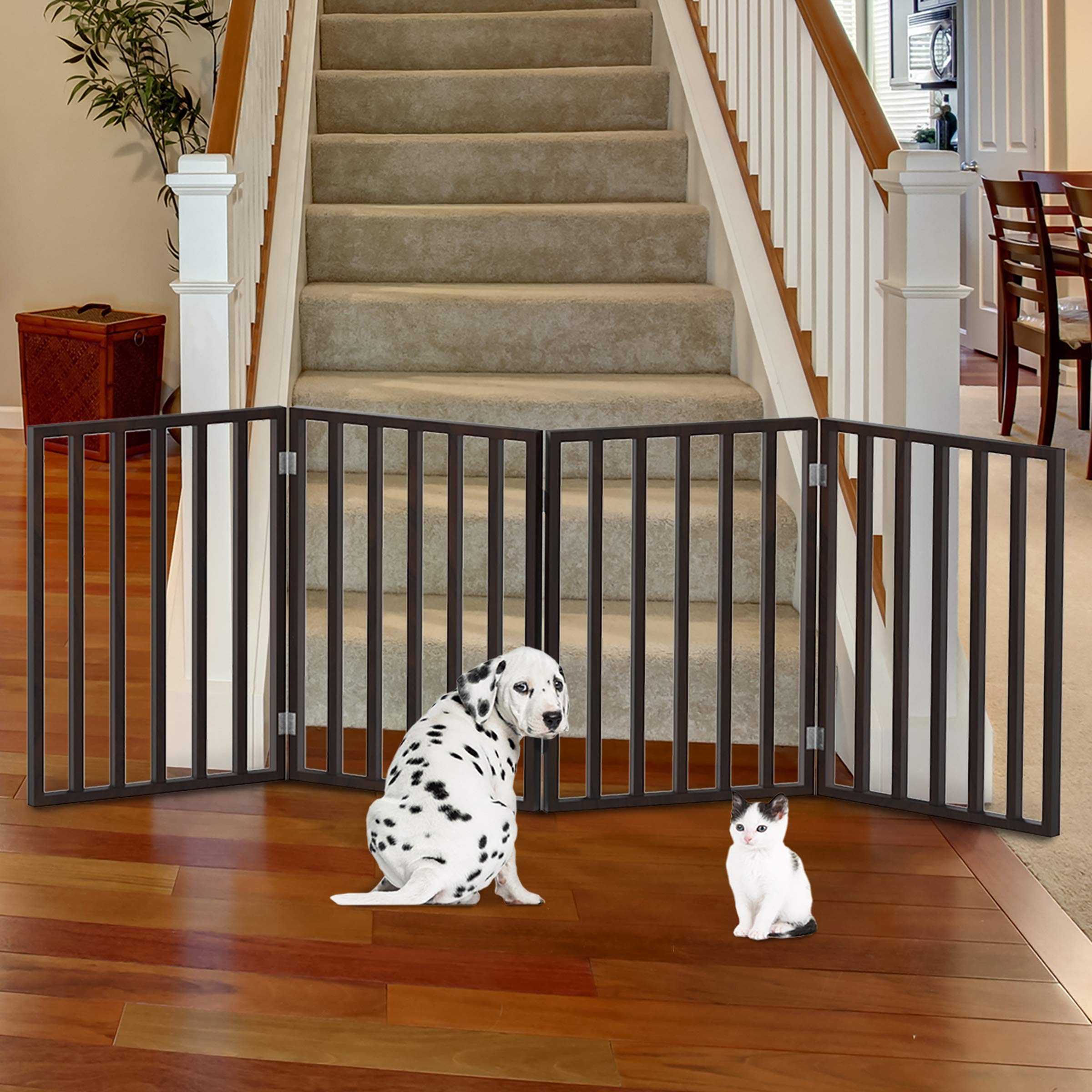 Pet Gate - 4-Panel Indoor Foldable Dog Fence For Stairs, Hallways Or Doorways - 72X24-Inch Retractable Wood Freestanding Dog Gates By Petmaker (Brown)