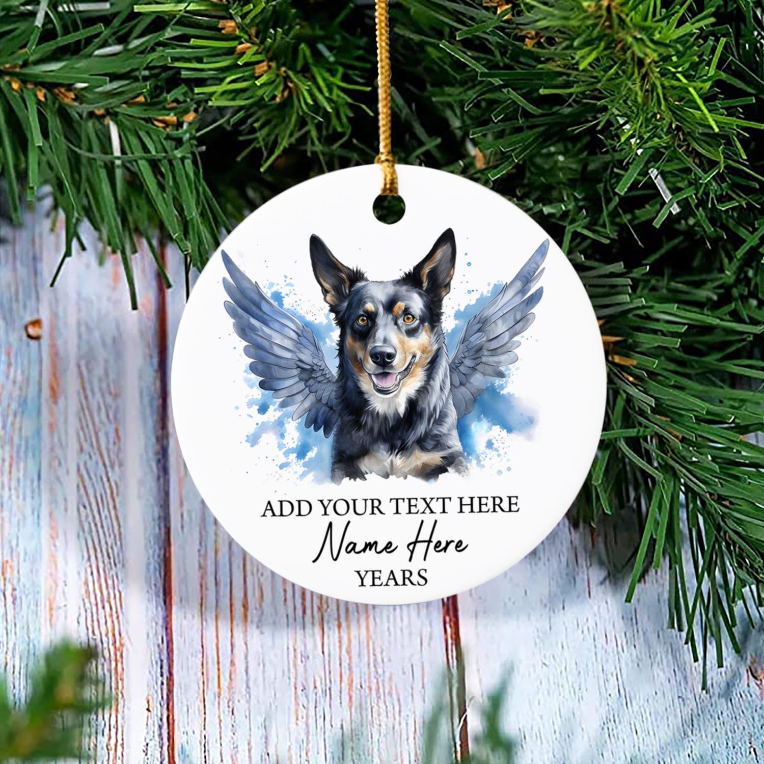 Blue Heeler Dog Memorial Ornament, Blue Heeler With Angel Wings Christmas Ornament, Blue Heeler Dog Loss Gifts For Dog Mom Dog Dad, Custom Text Name & Year Xmas Tree Hanging, Blue Heeler Ornaments