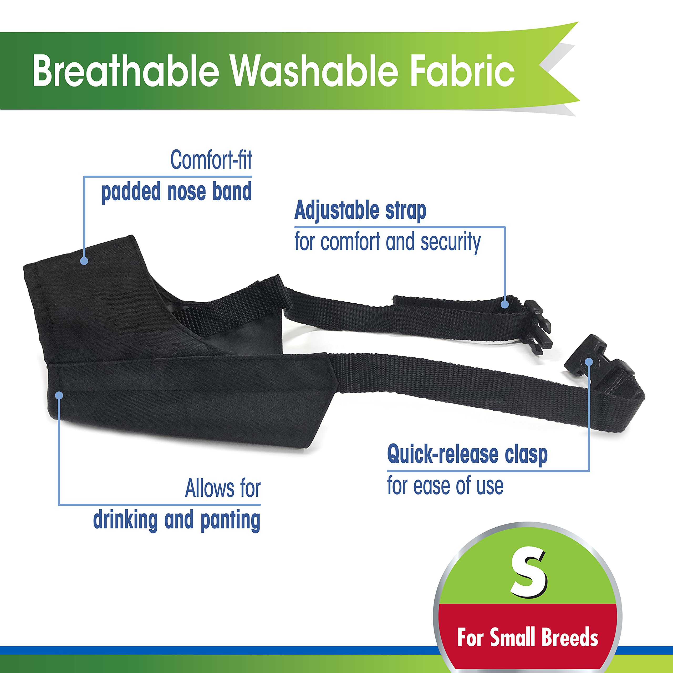 Four Paws Walk-About Quick-Fit Adjustable Dog Muzzle for Small Dogs, Washable & Breathable, Black, 1 Count