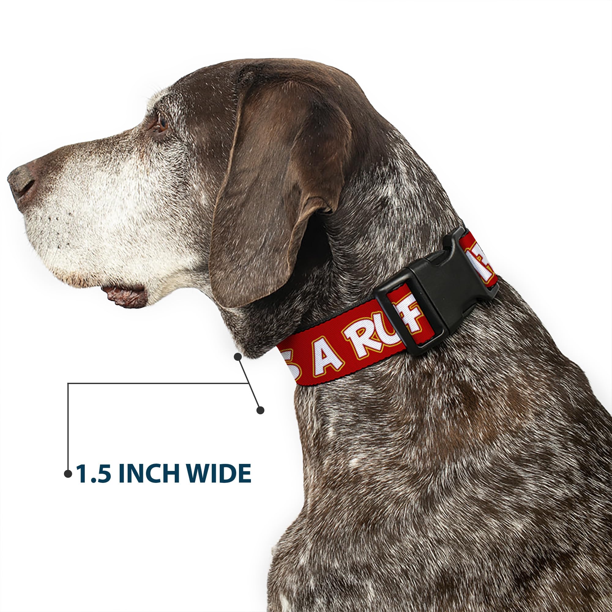 Dog Collar Plastic Clip Pluto 2 Pose Its A Ruff Life Red Yellow White 18 to 32 Inches 1.5 Inch Wide