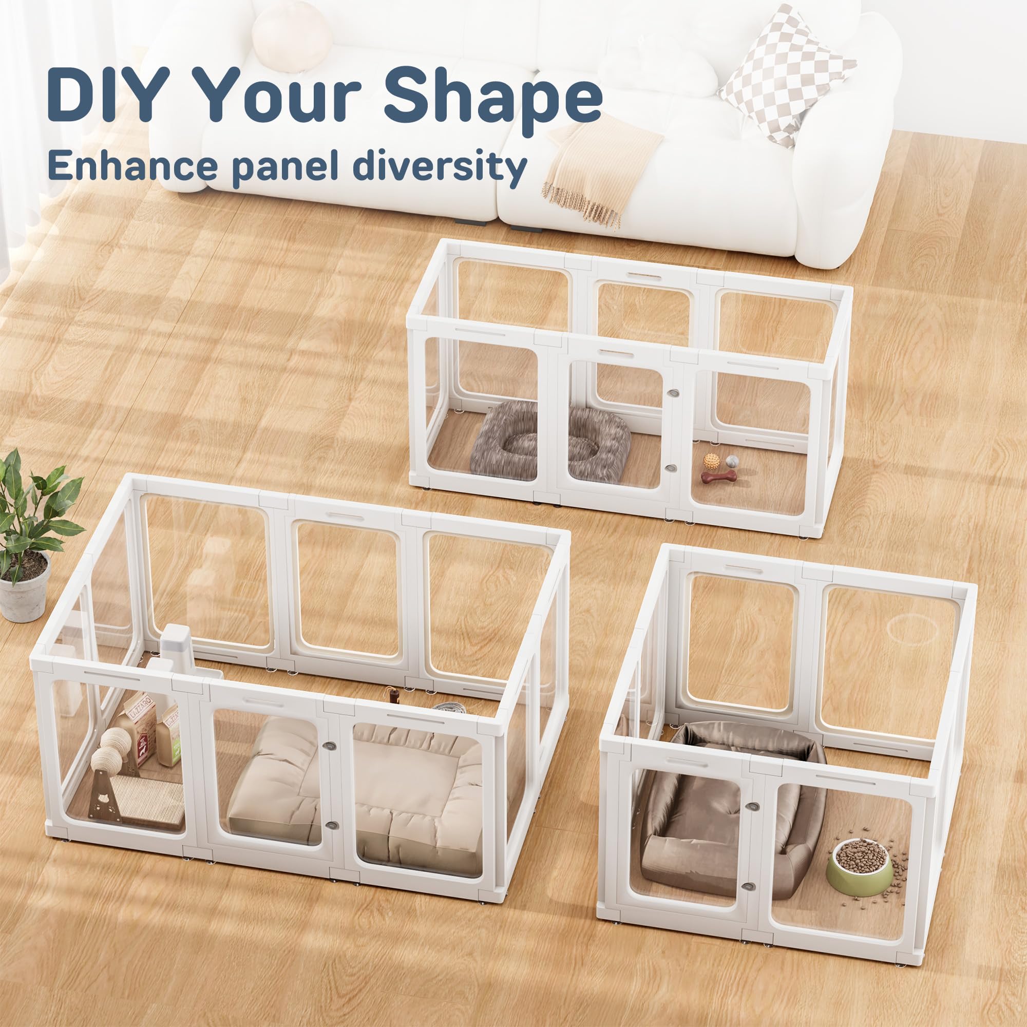 Jalove Acrylic Dog Playpen, 24" H Indoor Pet Playpen, Clear Plastic, Easy Assembly, 50" x 33.5", White, Model JT-001-W10,