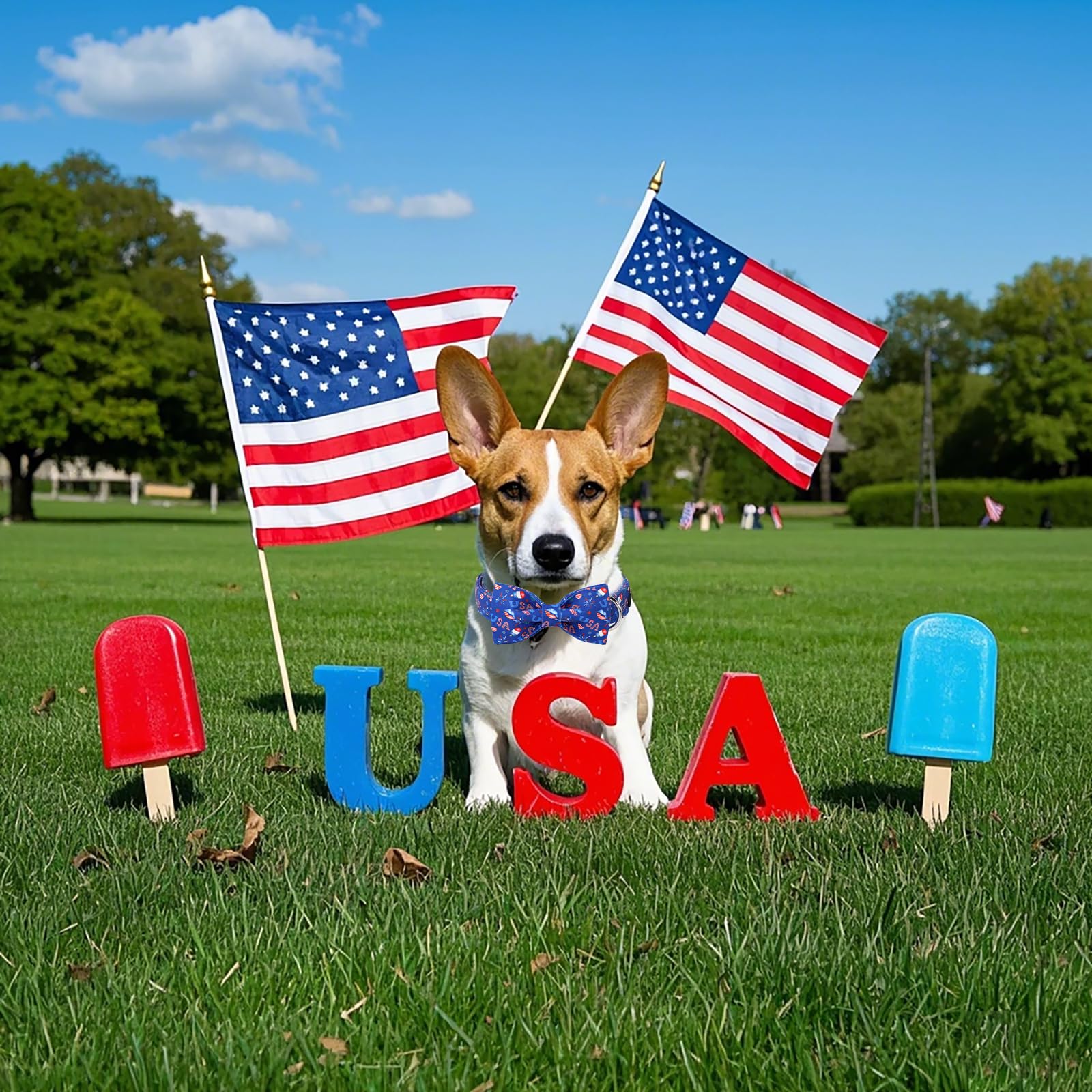 Lionet Paws 4Th Of July Dog Collar With Bowtie, Cute Summer Blue Dog Collar For Girl For Medium Dogs, Adjustable Popsicle Pet Co