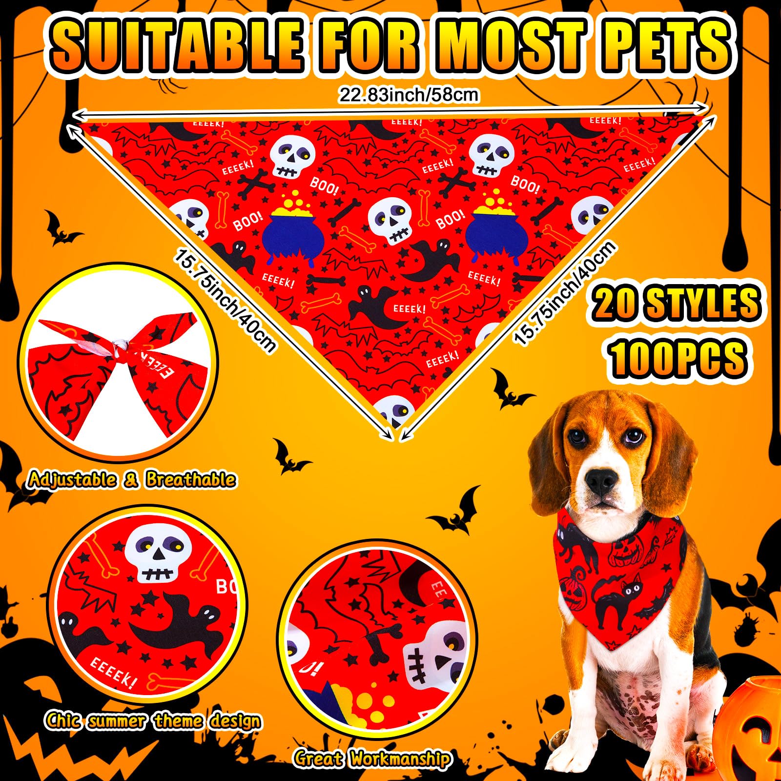 Locmeo 100 Pcs Halloween Dog Bandanas Bulk Pumpkin Black Cat Skull Dog Bandanas Adjustable Pet Bibs Triangle Scarf Halloween Hol