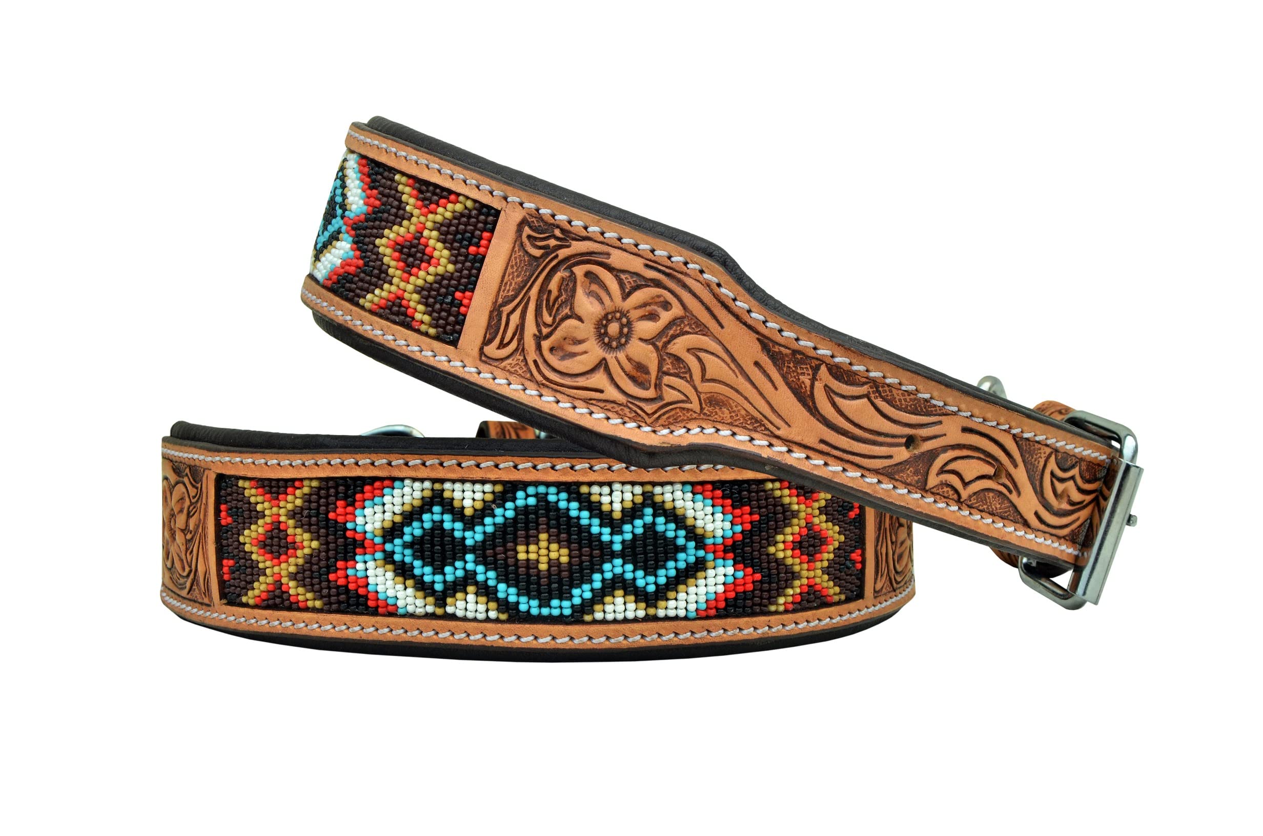 Leather Dog Collar Large Size Western Style Heavy Duty Hand Tooled Adjustable Beaded And Padded Soft For Puppies And Big Dogs 10