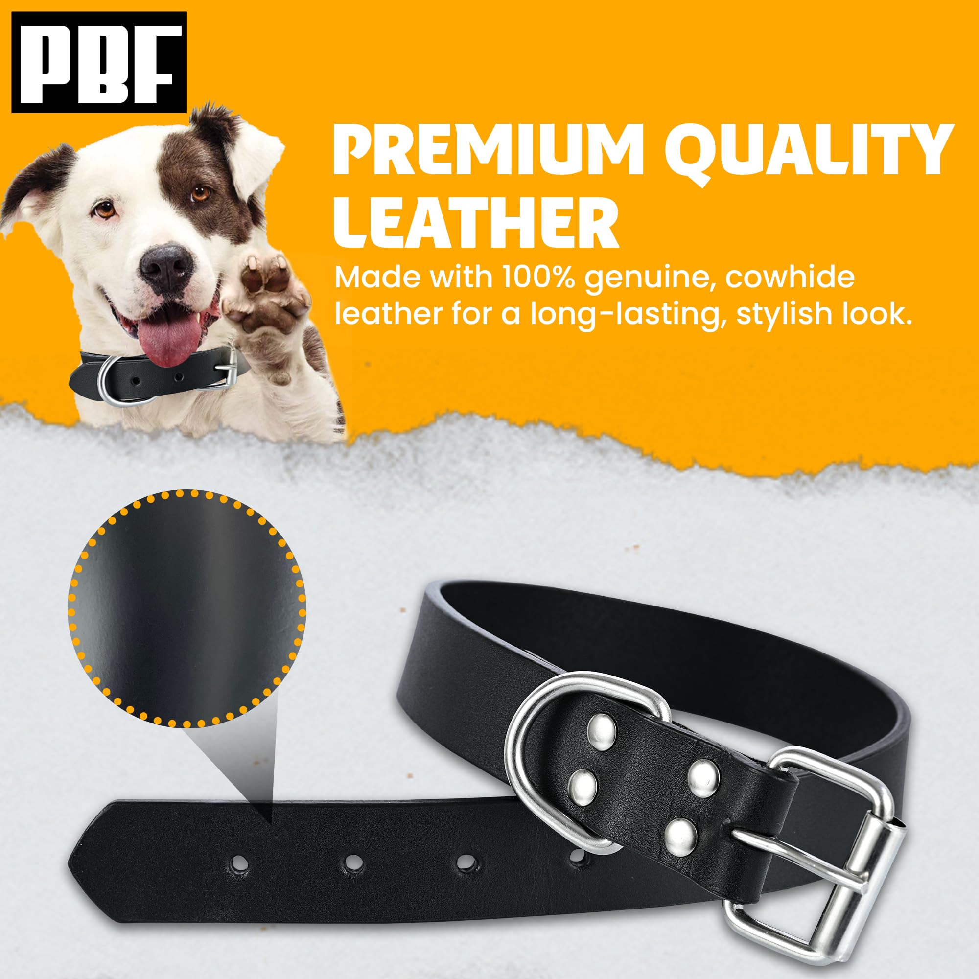 Pbf Genuine Leather Dog Collar - Heavy Duty, Thick And Durable Collar For Small, Medium, Large, And Extra Large Dogs (Black, Med