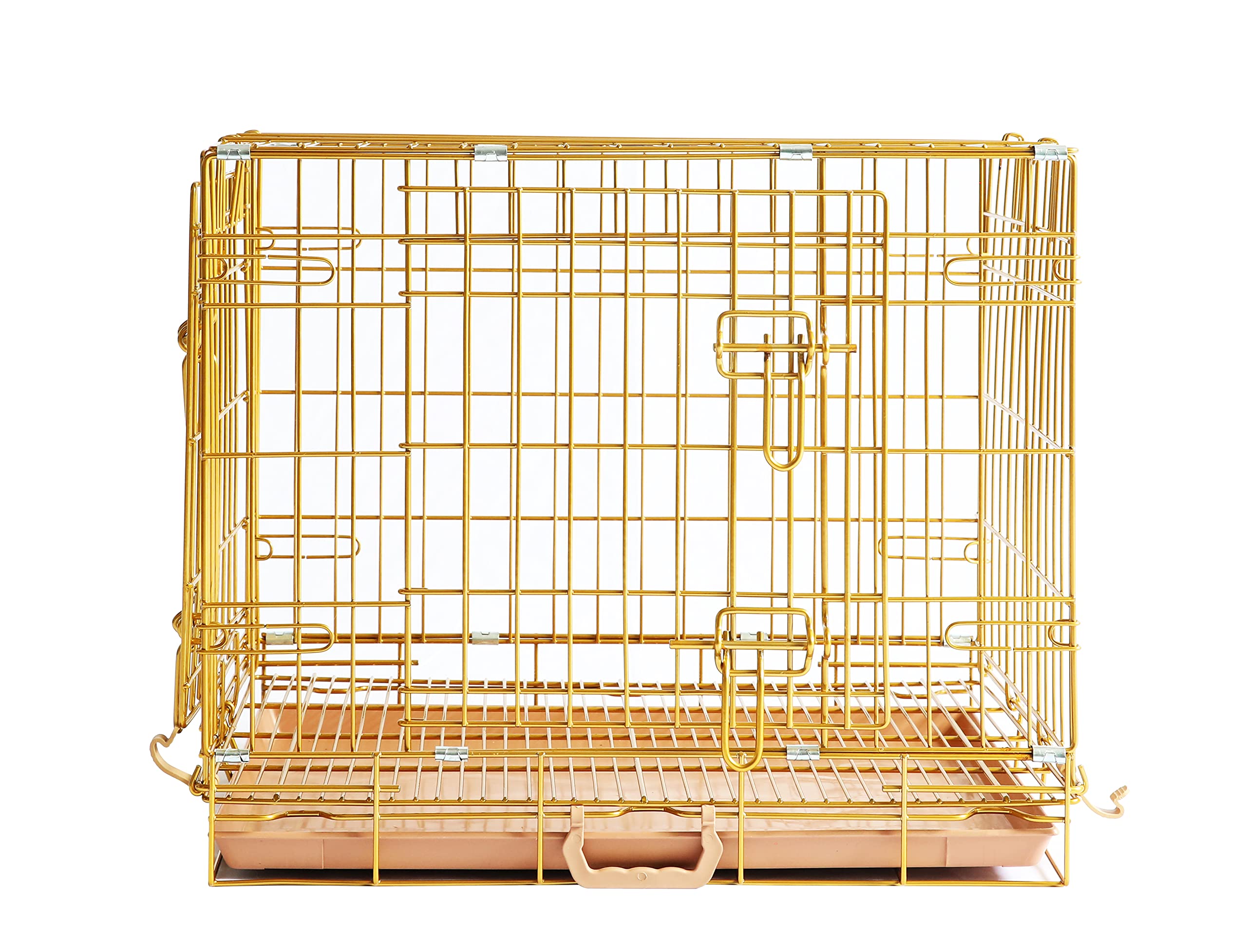 Homey Pet 24'' Gold Color Folding Design Dog Crate Puppy Ertra Small Breed Dog Kennels With Removable Floor Grid And Pull Out Tr