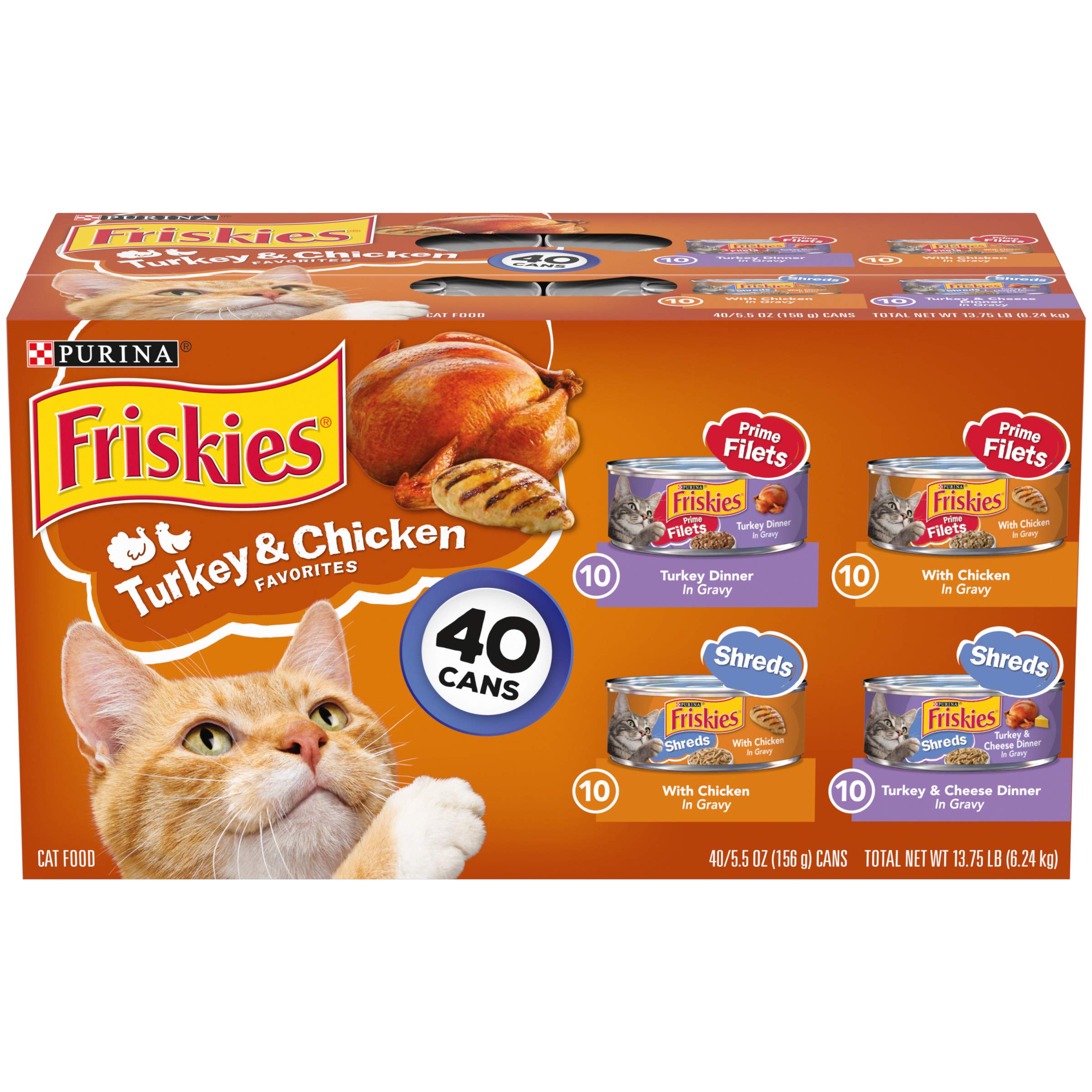 Purina Friskies Gravy Wet Cat Food Variety Pack, Prime Filets & Shreds Turkey & Chicken Favorites - (40) 5.5 oz. Cans