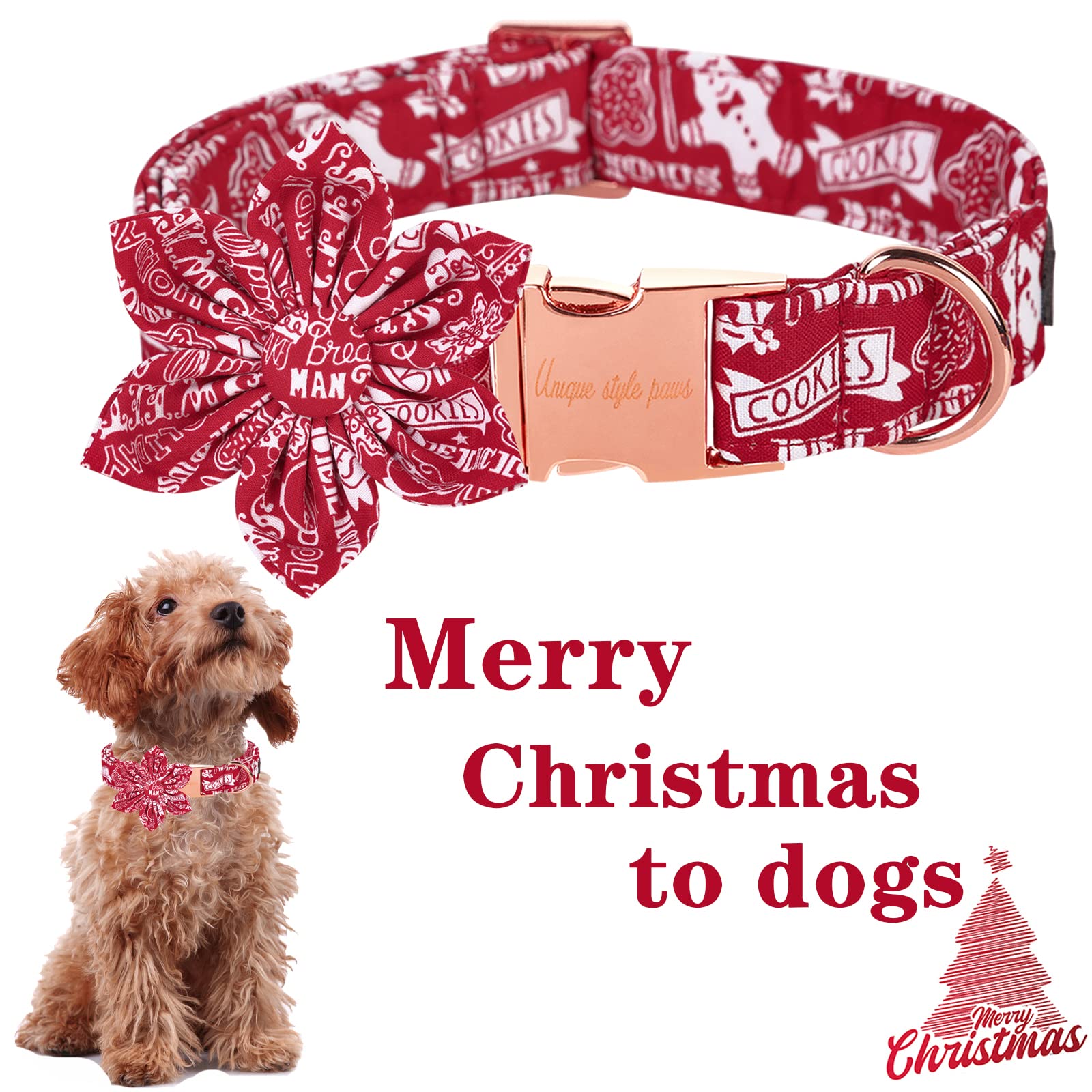 Unique Style Paws Christmas Dog Collar With Flower Tie Winter Gingerbread Snowman Theme Puppy Collar For Small Medium Large Dogs-S