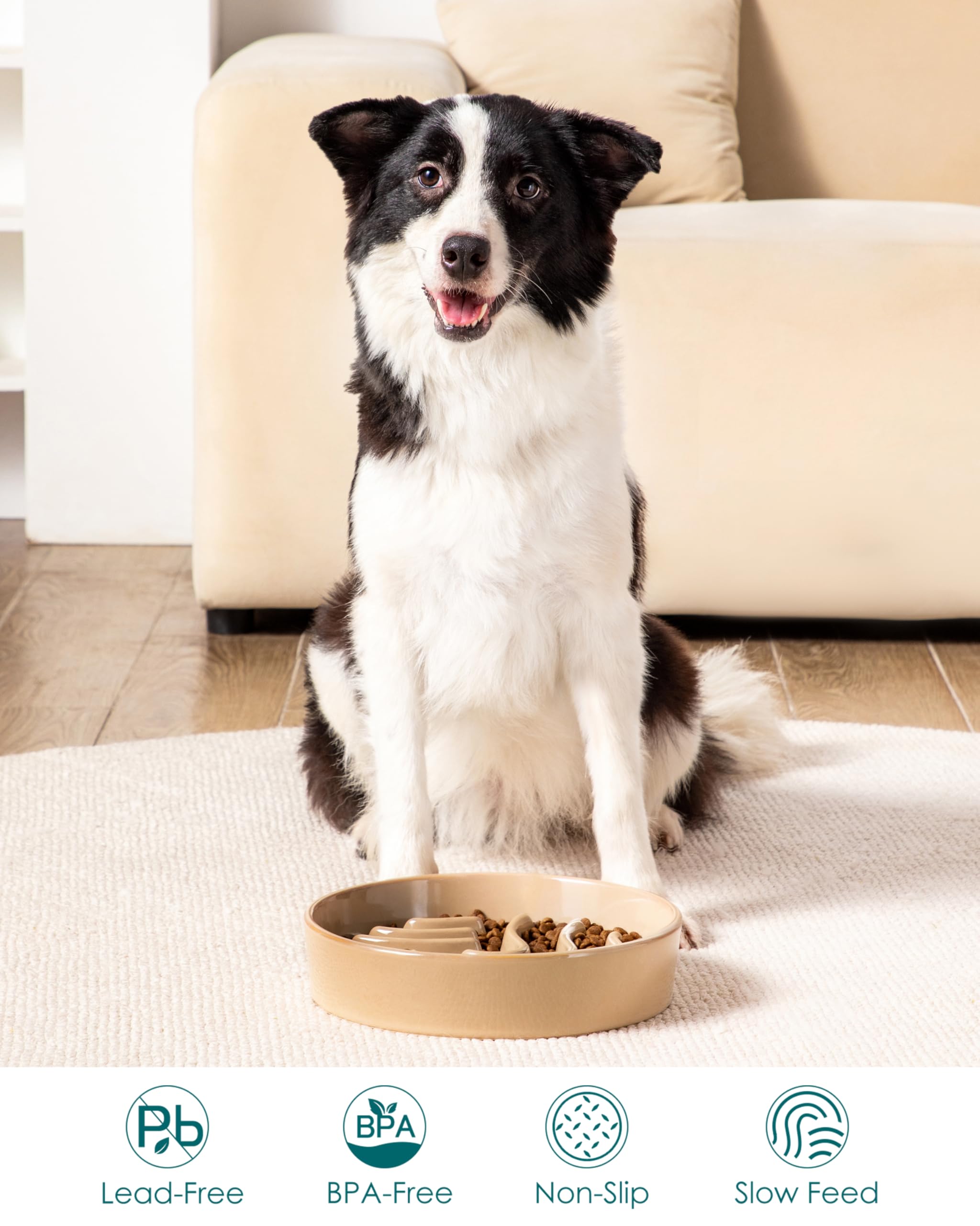 vancasso Slow Feeder Dog Bowl, 3 Cup Ceramic Slow Feeding Food Dish for Large Breed, Puzzle Dog Food Bowl for Fast Eater, Brown